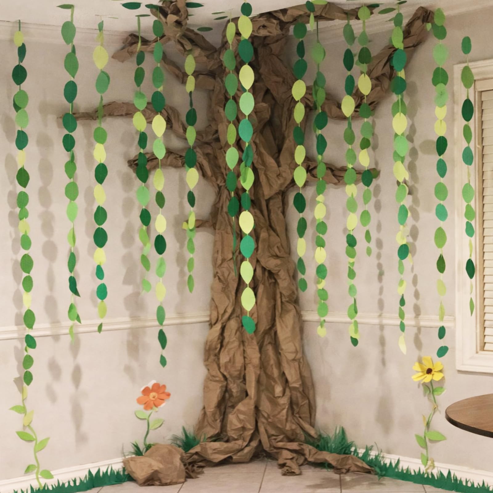 Suncalla Artificial Tree Bulletin Board Set DIY 3D Cardboard Willow with Felt Leaves Kraft Craft Bulletin Board Wall Decor with Ceiling Mounted Traceless Hooks for Jungle Safari Theme Party Supplies-image-2