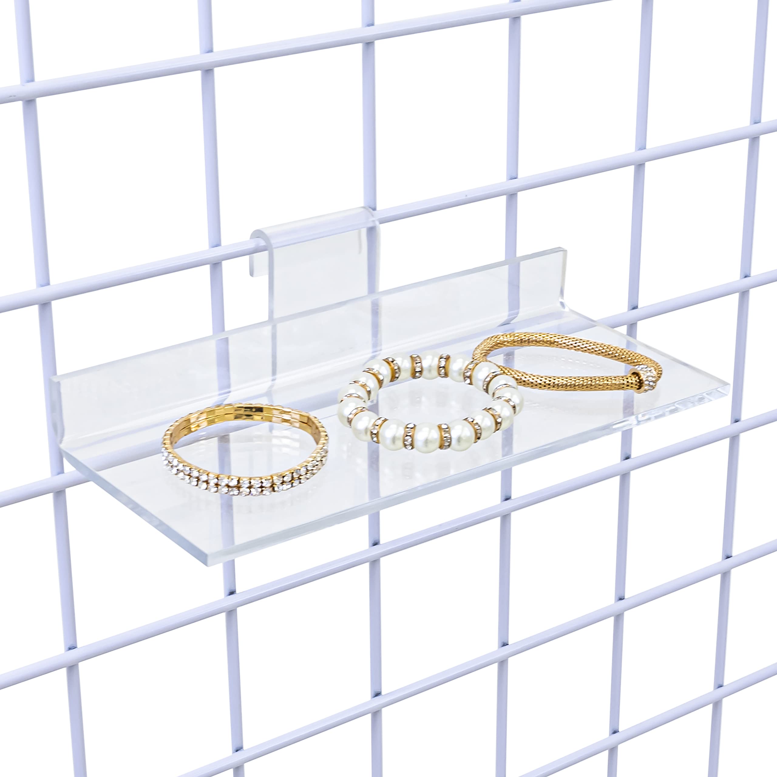 VICTORY DISPLAY & STORE FIXTURE MFG 10” Wide by 5” Deep Sturdy Clear Acrylic Shelf, Attaches to Grid Wall and Grid Panel (Quantity 10) (10)