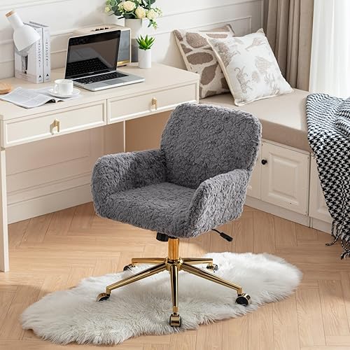 Miniatura 10 de SSLine Silla de escritorio de piel sintética, moderna y bonita silla de oficina, cómoda silla giratoria de tela de peluche mullida con ruedas para