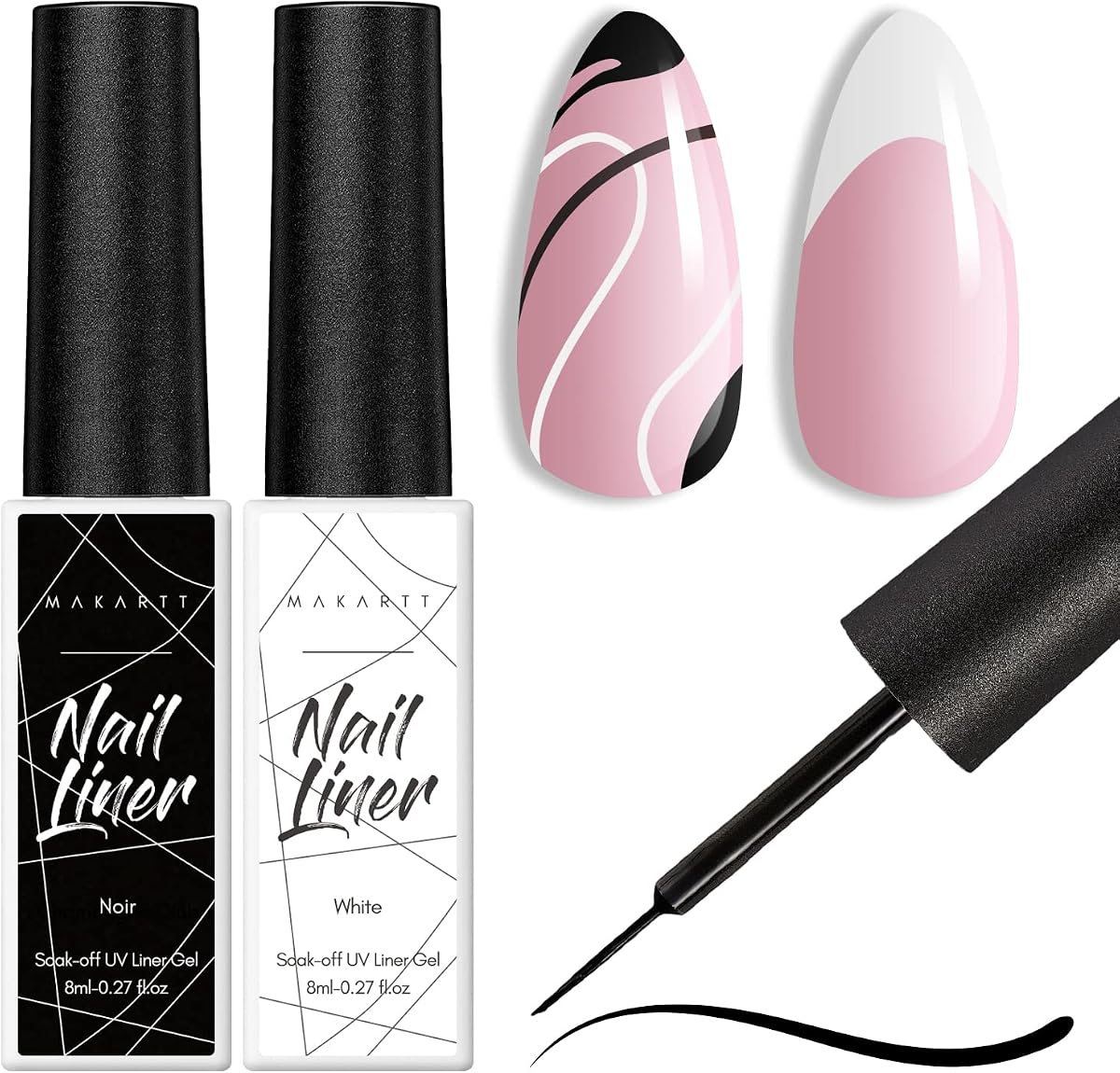 Juego de delineador de esmalte de uñas de gel 2 colores blanco y negro para consejos franceses | Manicura de bricolaje Remoje el curado UV con un cepillo fino de 8 ML