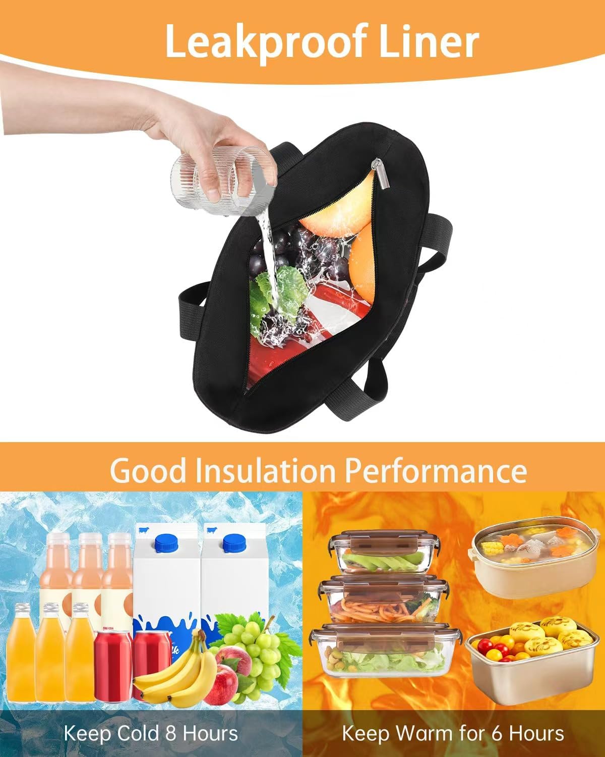 GLENKEY Insulated Lunch Bag Tote Lunch Box - Large Leakproof Cooler Bags for Adults - Soft Lunchbox for Women Work Shift Outdoor Travel Black 8L