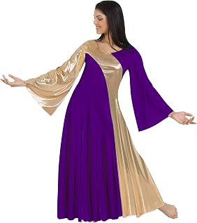 Body Wrappers 592 / 592XX Womens Praise Dance Metallic Asymmetrical Bell Seeve Dress (Small, Deep Purple w/Gold)
