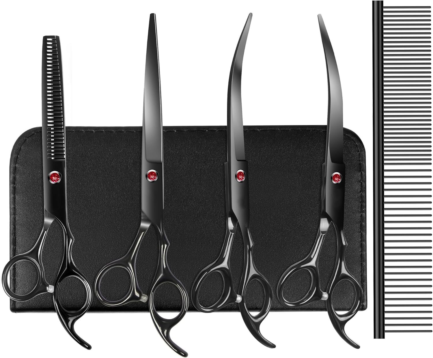 Ensemble de ciseaux de toilettage professionnels de 17,8 cm, ciseaux droits et courbés, ciseaux à effiler, peigne et accessoires, en acier inoxydable, design ergonomique, pour soins à domicile et