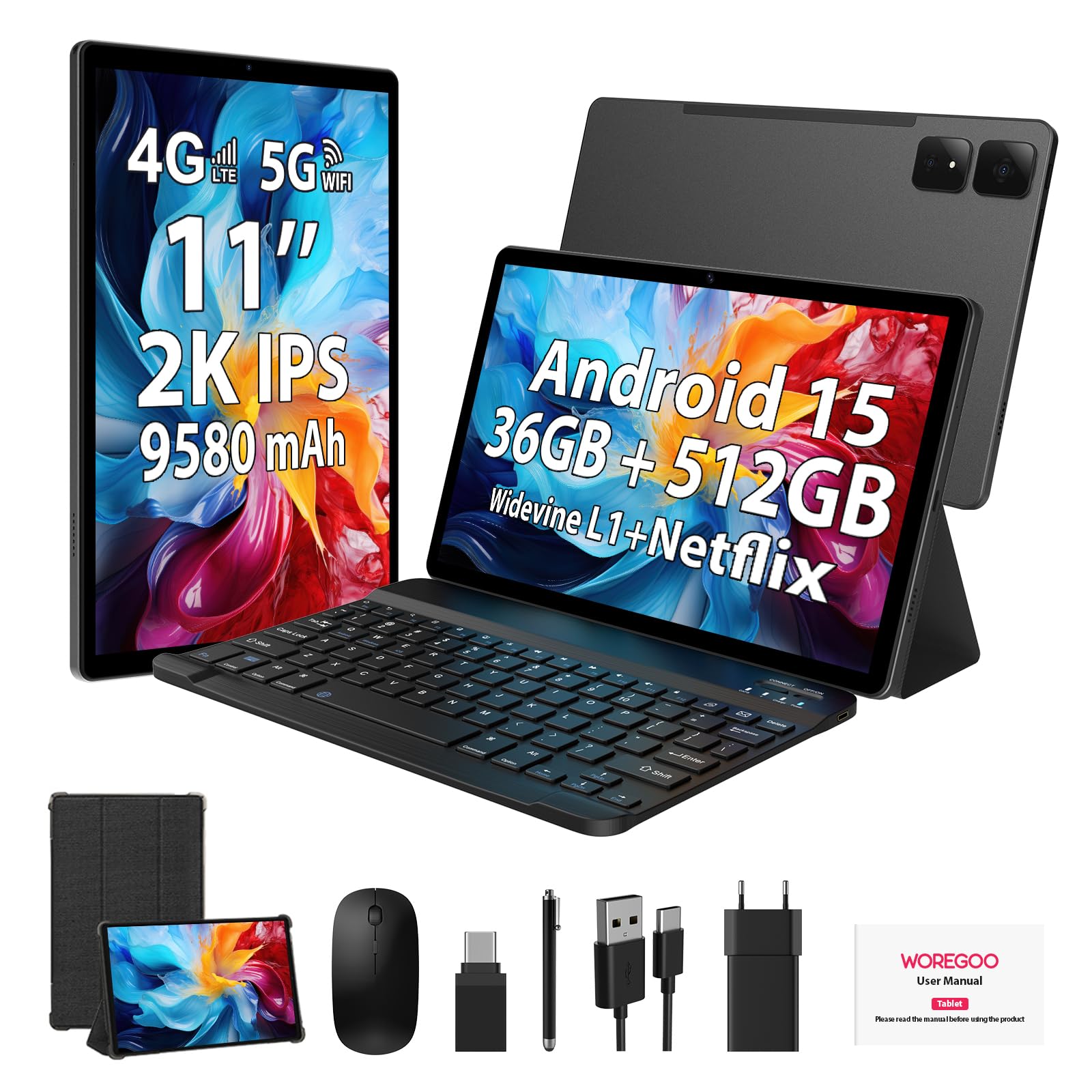 WOREGOO 11 Pollici Tablet Android 15, 4G LTE e 5G WiFi, Octa-Core, 36GB RAM+512GB ROM (1TB TF), 2K 2000x1200 FHD Display, Widevine L1, GMS/GPS/8+13MP/Batteria 9580mAh con Tastiera+Mouse(Nero)