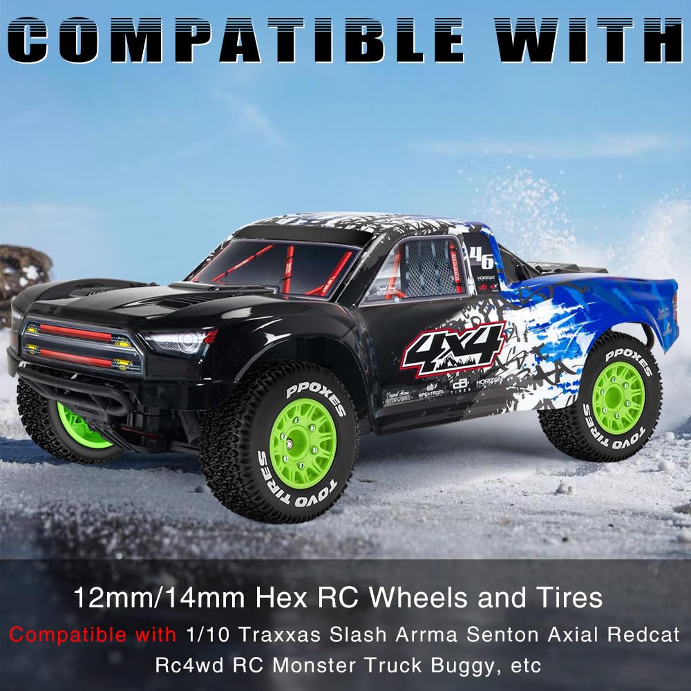 RC Truck Tires & Wheels - 1/10 Scale, 12mm/14mm/17mm Hex, Fits Arrma Senton, Traxxas Slash, Axial & More - Detachable & Durable (Black)