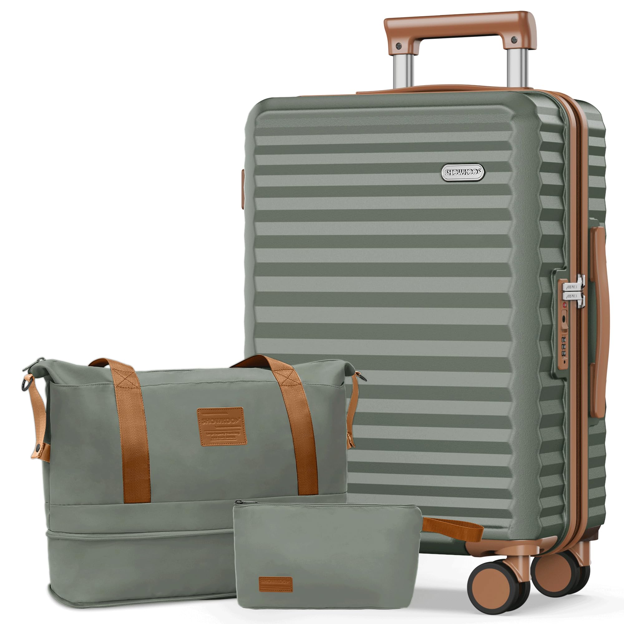 SHOWKOO Valise de Voyage Rigide Extensible Légère Durable Polycarbonate 75 cm Grande Taille Bagages à 4 roulettes Pivotantes avec 1 Sac de Voyage et 1 Trousse de Toilette, XL- Vert Clair