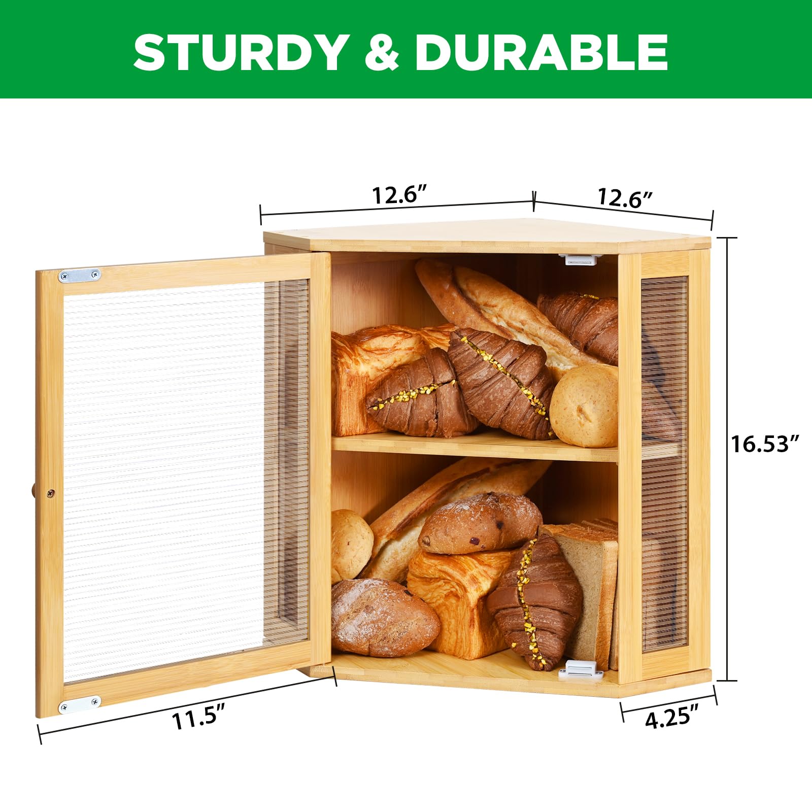 Caja de pan, contenedor de pan de bambú, contenedores de almacenamiento de doble capa de gran capacidad, caja de pan para encimera de cocina, protector de pan con panel de puerta ondulado