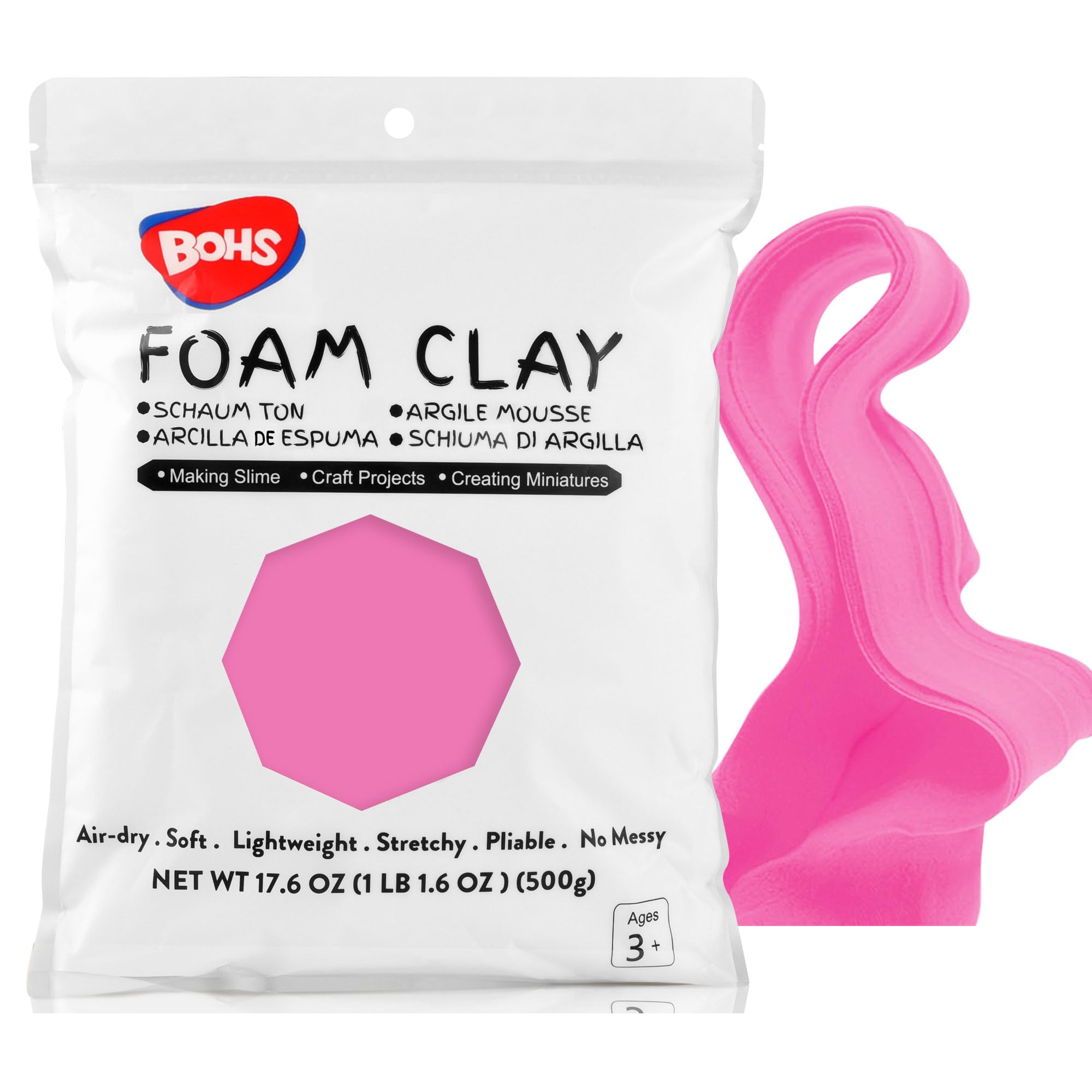 BOHS Pink Modeling Foam Clay, Soft Air Dry, for School Project, Butter Slime, Fake Bake - 1.1 Lbs/17.6 OZ, Age 3 Years & up