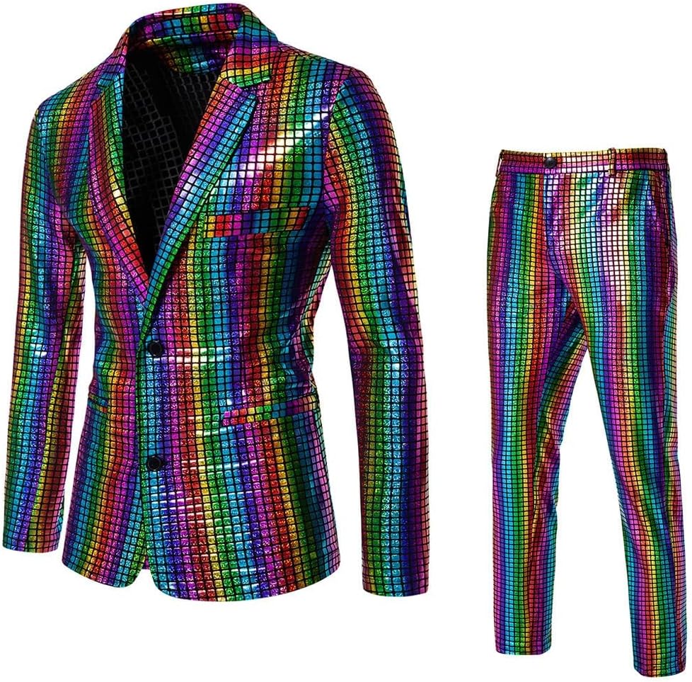 Men's Suit Set Slim Fit Two Button Sequin Blazer Pants for Business Stage Performance Casual