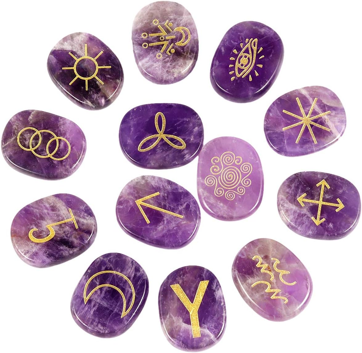 mookaitedecor Amethyst Witches Runes Set of 13, Healing Crystal Stone with Engraved Gypsy Symbol for Meditation Divination