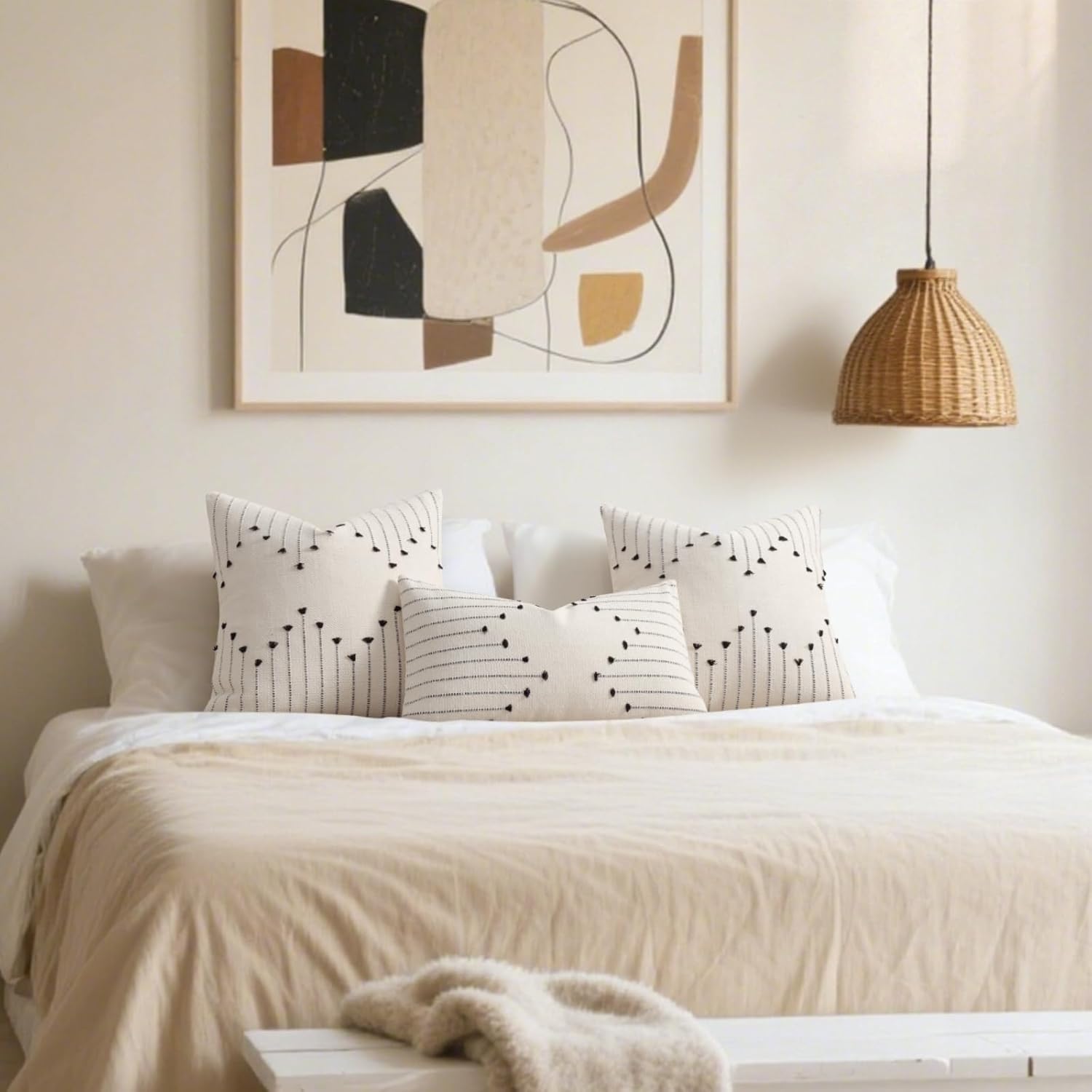 YCOLL Boho Spring Throw Pillow Covers 18x18 Set of 2 Neutral Woven Decorative Pillowcases Cotton Tufted Couch Pillows Modern Farmhouse Cushion Covers for Sofa Couch Bed Living Room Home Decor, Black - Image 5