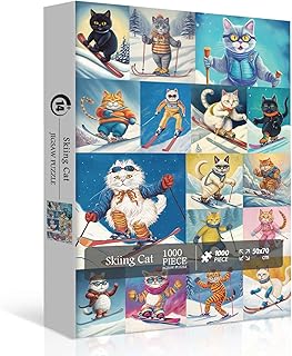 Cat Puzzles for Adults 1000 Pieces and up, PICKFORU Funny Puzzles Collection Kitten Skiing Poster, Vintage Animal Puzzle as Cat Lover Gift