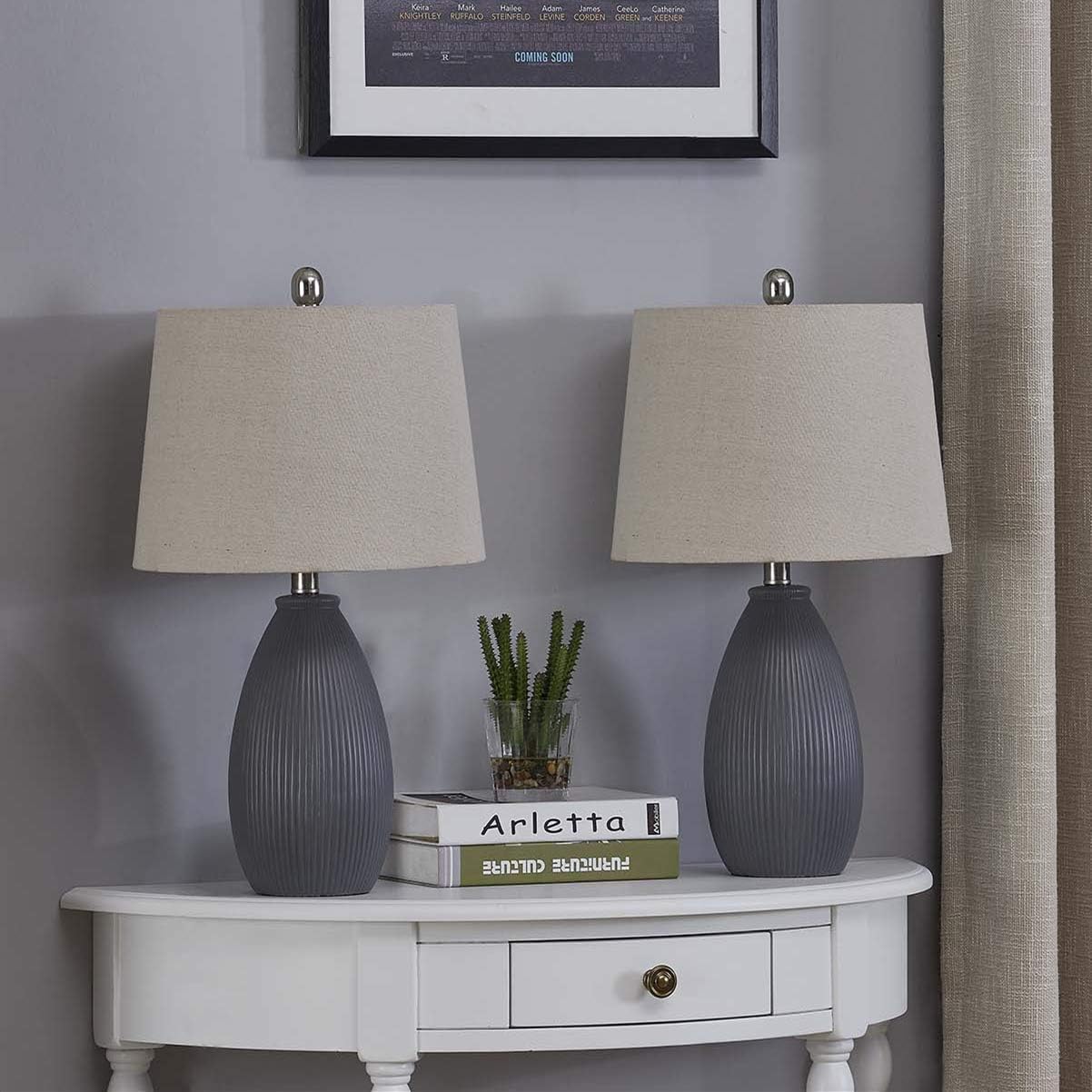 Free Shipping Over $50 Maxax Table Lamps Set of 2 Modern Ceramic Bedside Desk Lamp with Oatmeal Fabric Shade for Living Room,Bedroom, Grey Finish
