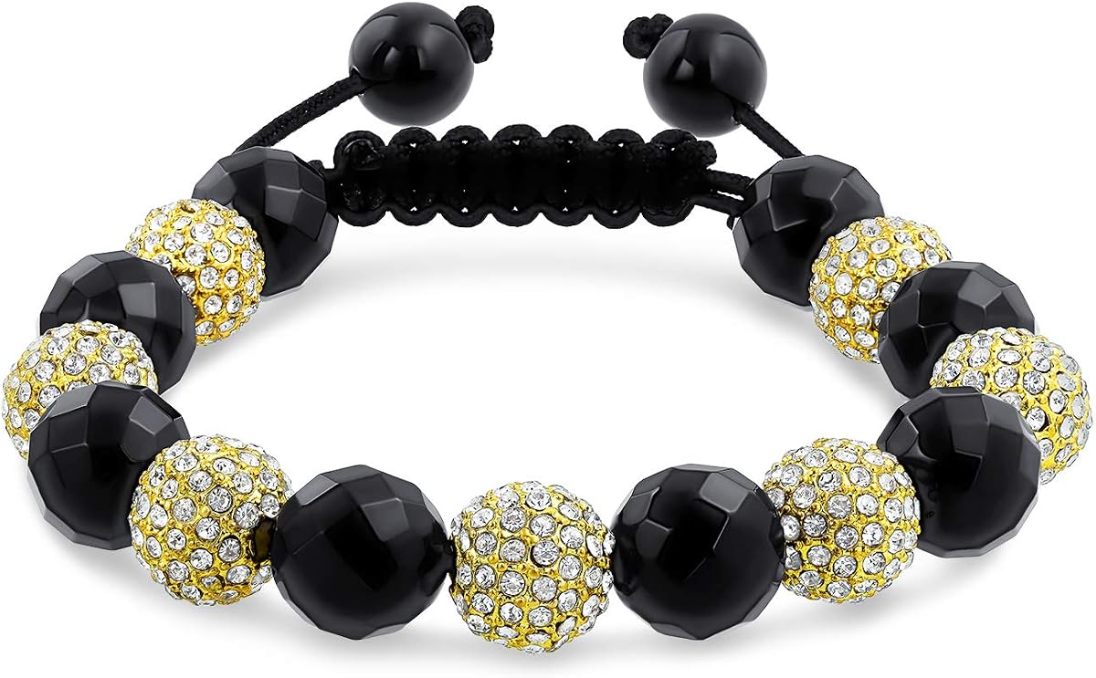 Pulsera inspirada en Shamballa con cuentas de cristal transparente de oro negro y cordón ajustable