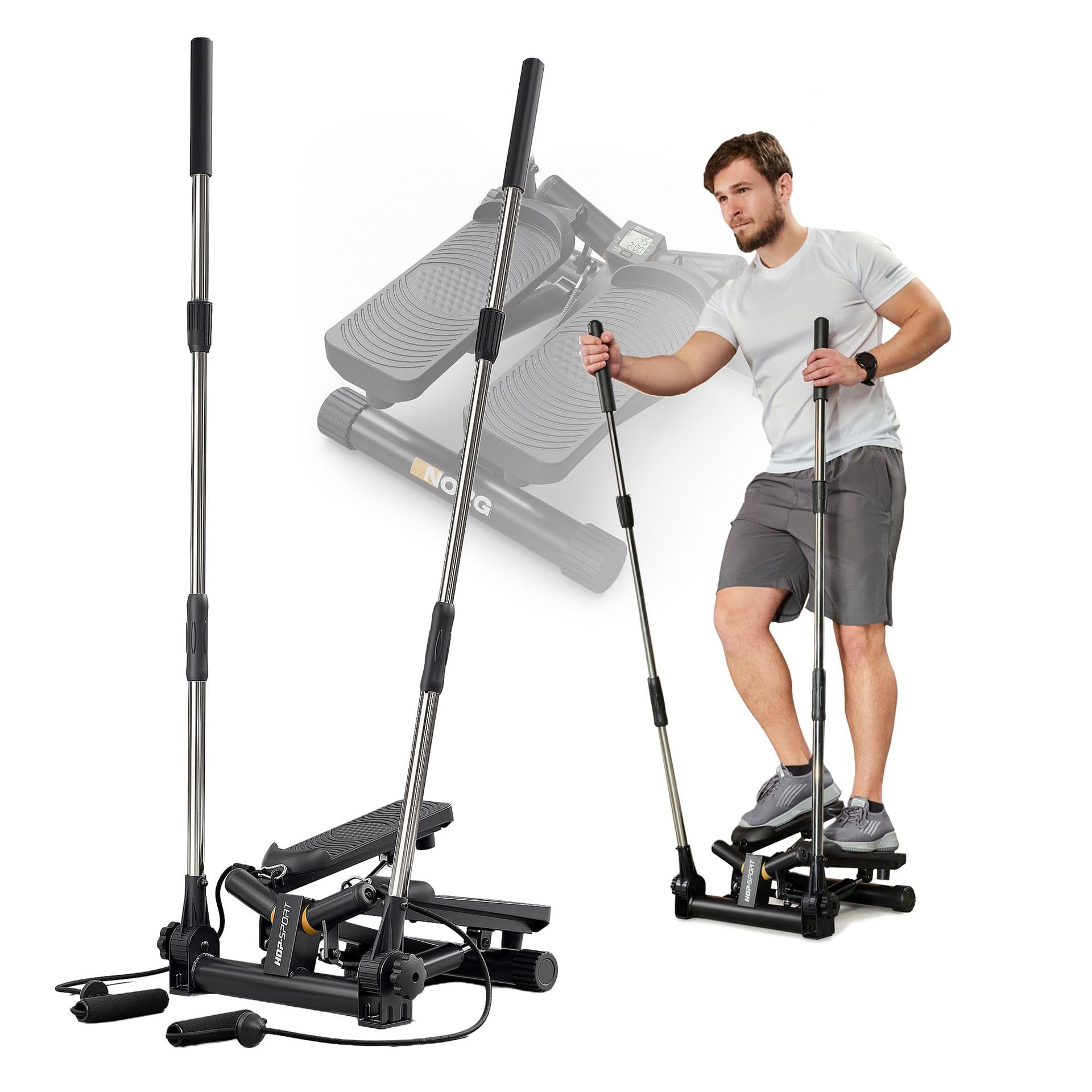 Hop-Sport Swing Stepper HS-050S Norg, Up-Down-Side-Stepper für Zuhause mit Haltegriffen, Expander & LCD-Display, Ganzkörpertraining mit einem Sportgerät