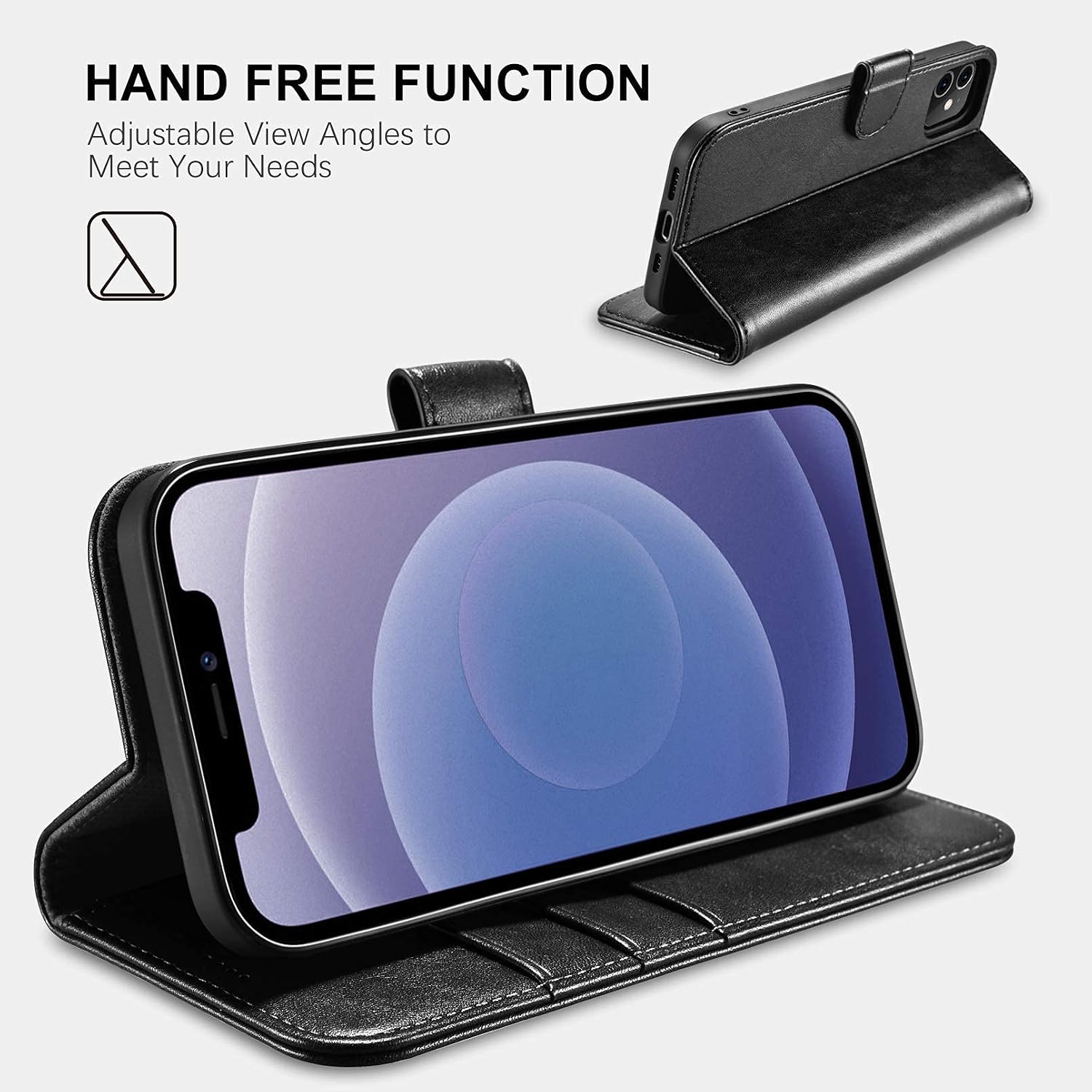 ICARERSPACE Compatible with iPhone 12 Mini Case[5.4”], Leather Folio Flip Cover Case with Kickstand and Credit Card Slots Designed for iPhone 12 Mini - Black