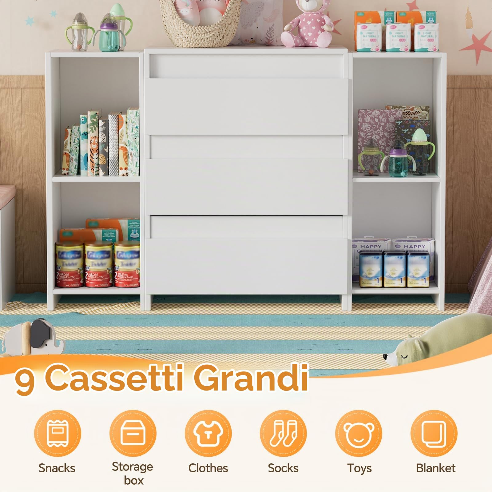 2 in 1 Fasciatoio Neonato, Cassettone con Ripiano Fasciatoio Rimovibile, Fasciatoio Cassettiera con 3 Cassetti e 6 Scomparti Aperti, per Cameretta Camera da Letto 73x70x78 cm/113x32x70 cm - Bianco
