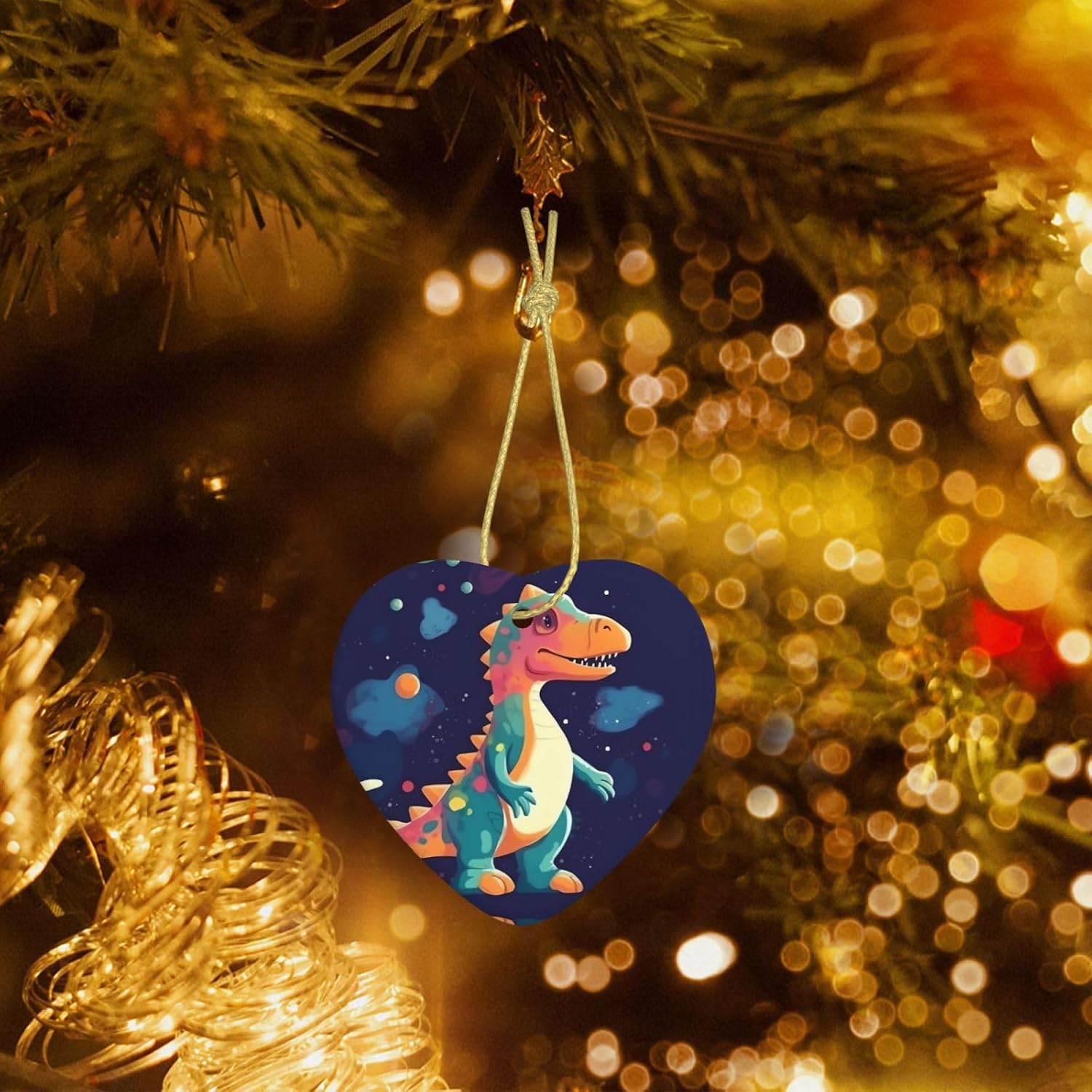 Cartoon Dinosaur in Space Christmas Tree Ceramic Hanging Ornaments Two-Side Printed Heart Hanging Pendant Ceramics Hanging Keepsake for Holiday Wedding Party Christmas Decoration