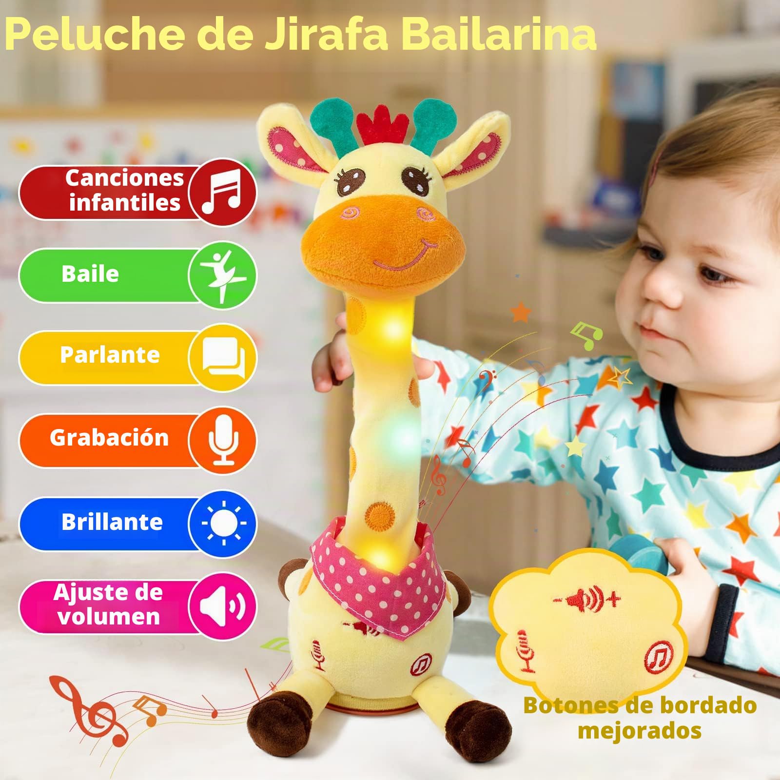 seOSTO Jirafa Bailarín, Peluche Musical Parlanchín Que Baila y Repite tu Voz, Volumen Ajustable, Juguete para Bebés Regalo para Niños (Jirafa Bailarin)