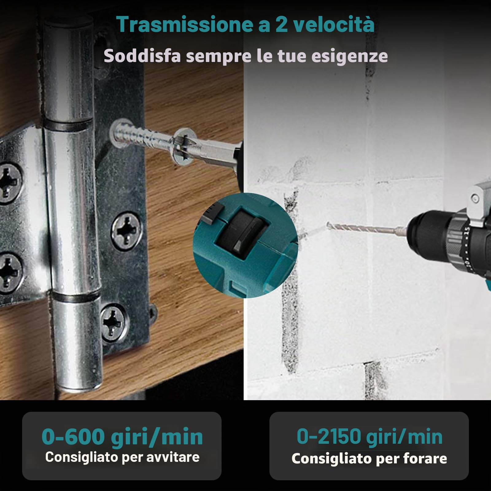Yofidra Avvitatore A Batteria, Avvitatore Elettrico 21 V Mandrino da 13 mm, 2 Velocità, Set con 2 Batterie da 3,0 Ah, 25 + 3 livelli di Coppia, Trapano a Percussione Max 80 N.m, Luce a LED