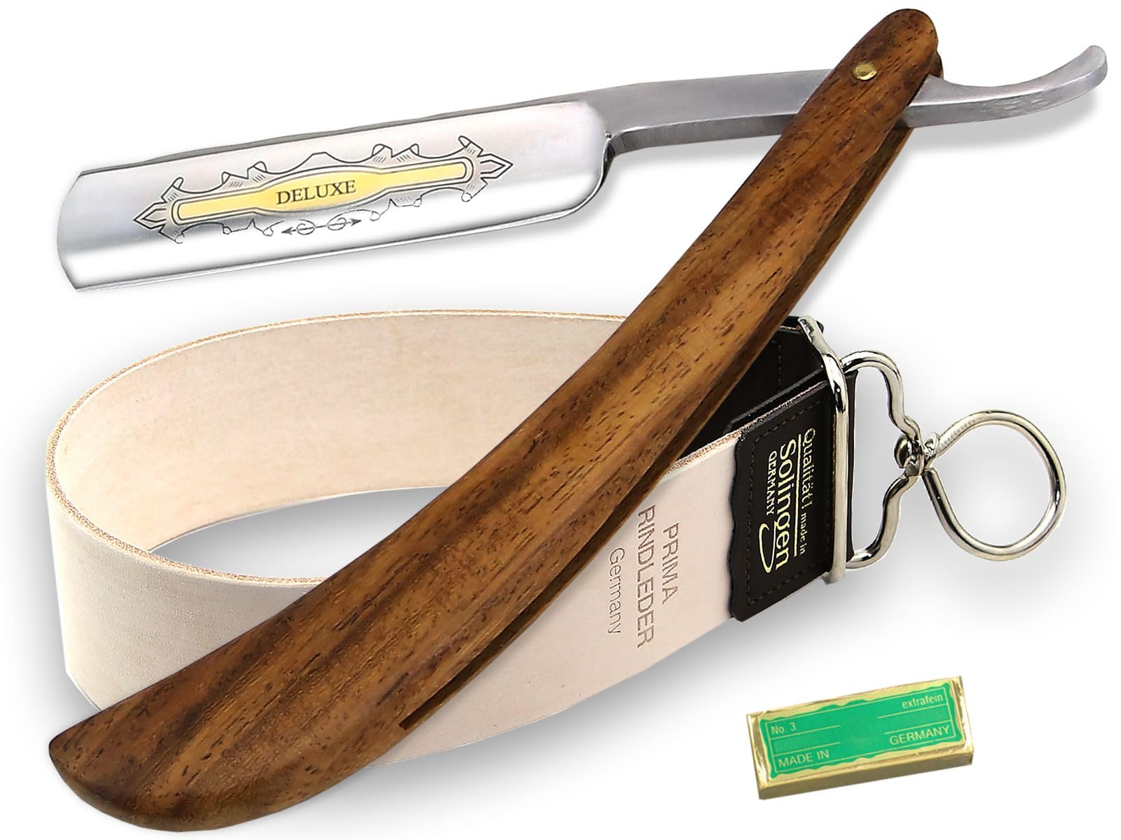 InstrumenteNRW Solingen Rasiermesser Set mit Holzgriff und Goldätzung - Traditionell für Herren - Brown, Gold - Made in Germany
