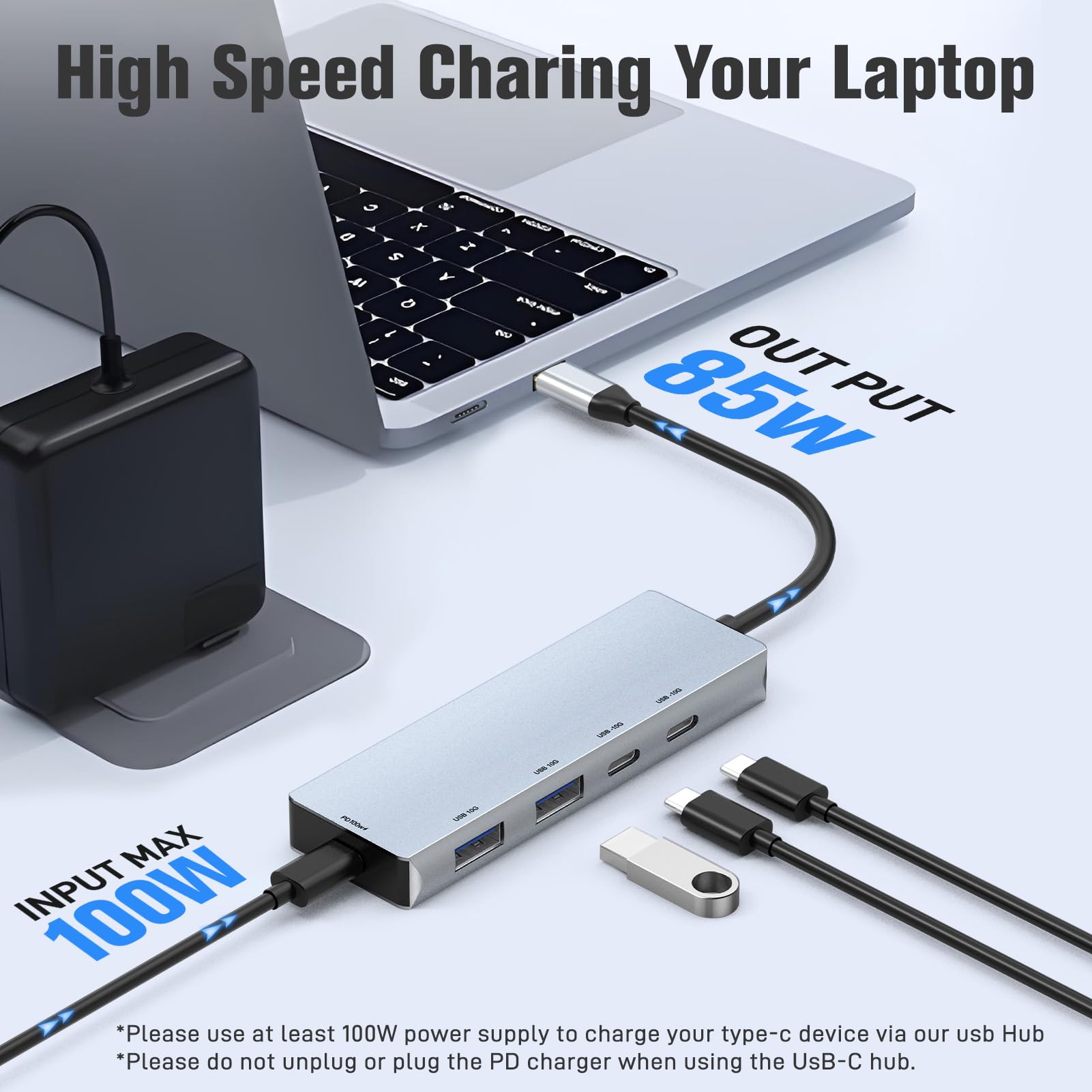 Leinsis Hub USB 3.2 de 10 Gbps, 4 puertos USB 3.2 con 2 USB-C 3.2 y 2 USB-A 3.2, PD 100 W de carga rápida para MacBook Pro, MacBook Air, portátiles Acer, portátiles HP, iPad Pro More.(plata