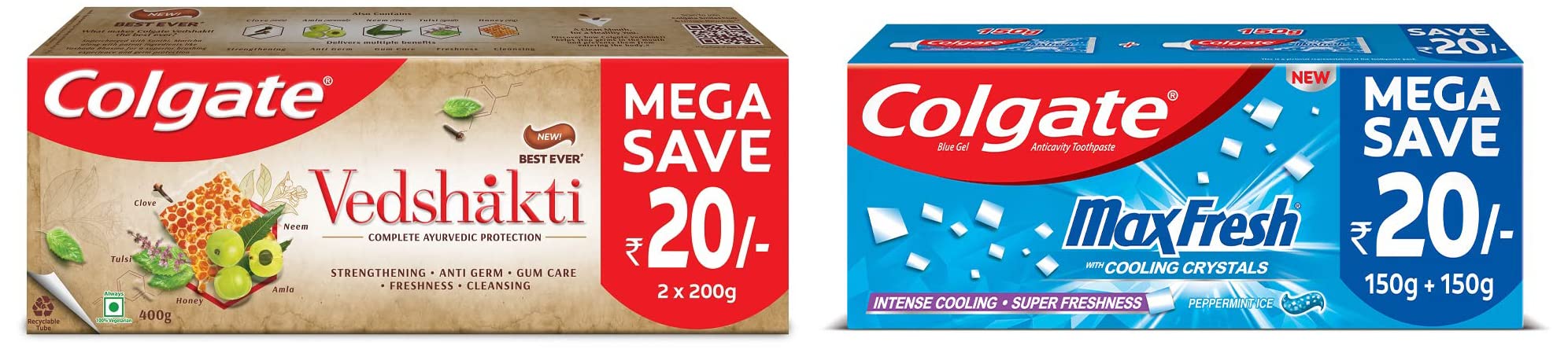Colgate MaxFresh Toothpaste, Blue Gel Paste, 300g, 150g X 2 (Peppermint Ice, Saver Pack) & Swarna Vedshakti Ayurvedic Cavity Protection, Bad Breath Treatment Toothpaste - 400gm-image-6
