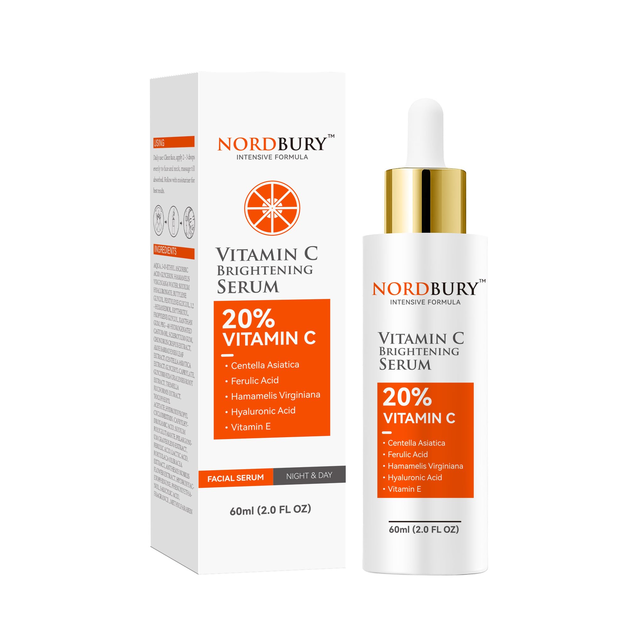 Vitamin C Serum, Pure 20% Vitamin C with Vitamin E & Hyaluronic Acid for Face, Brighten Skin Complexion Boost Collagen Production Fade Dark Spots Protects Skin from Radicals - 60ml
