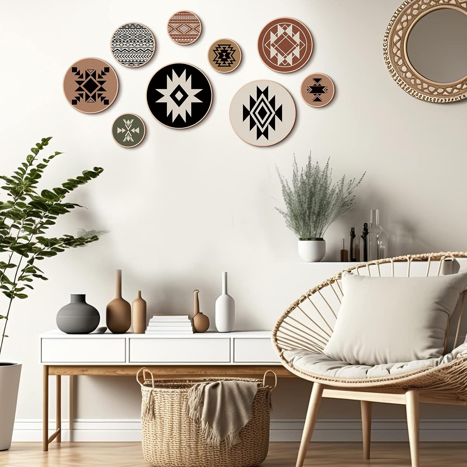 Geelin 9 Pieces Aztec Wall Decor Abstract Boho Wall Art Prints Wooden Sign Hanging Bohemian Modern Diamond Patterns for Home Living Room, 4 Sizes(Stylish Style)