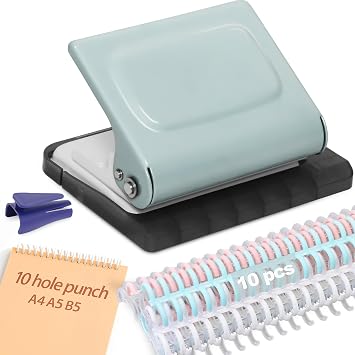 10 Hole Punch Binding Machine for Planners with 10 Multi-Color Binder Rings | 30 Holes on A4, 20 Holes on A5, 26 Holes on B5, 10 Sheet Capacity Pale Blue