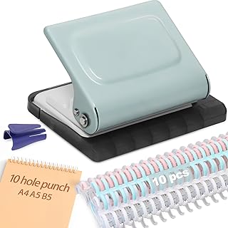 10 Hole Punch Binding Machine for Planners with 10 Multi-Color Binder Rings | 30 Holes on A4, 20 Holes on A5, 26 Holes on B5, 10 Sheet Capacity (Pale Blue)