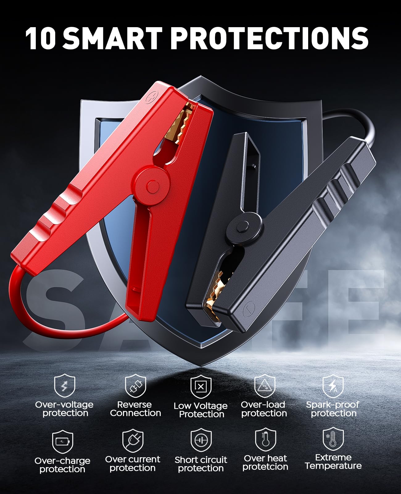 Booster Batterie Voiture avec Compresseur à Air 5000A 150PSI, 12V Démarreur (9L Tout Gaz ou 8L Diesel), 500 Lumière LED 4 Modes, Grand Écran, Gants