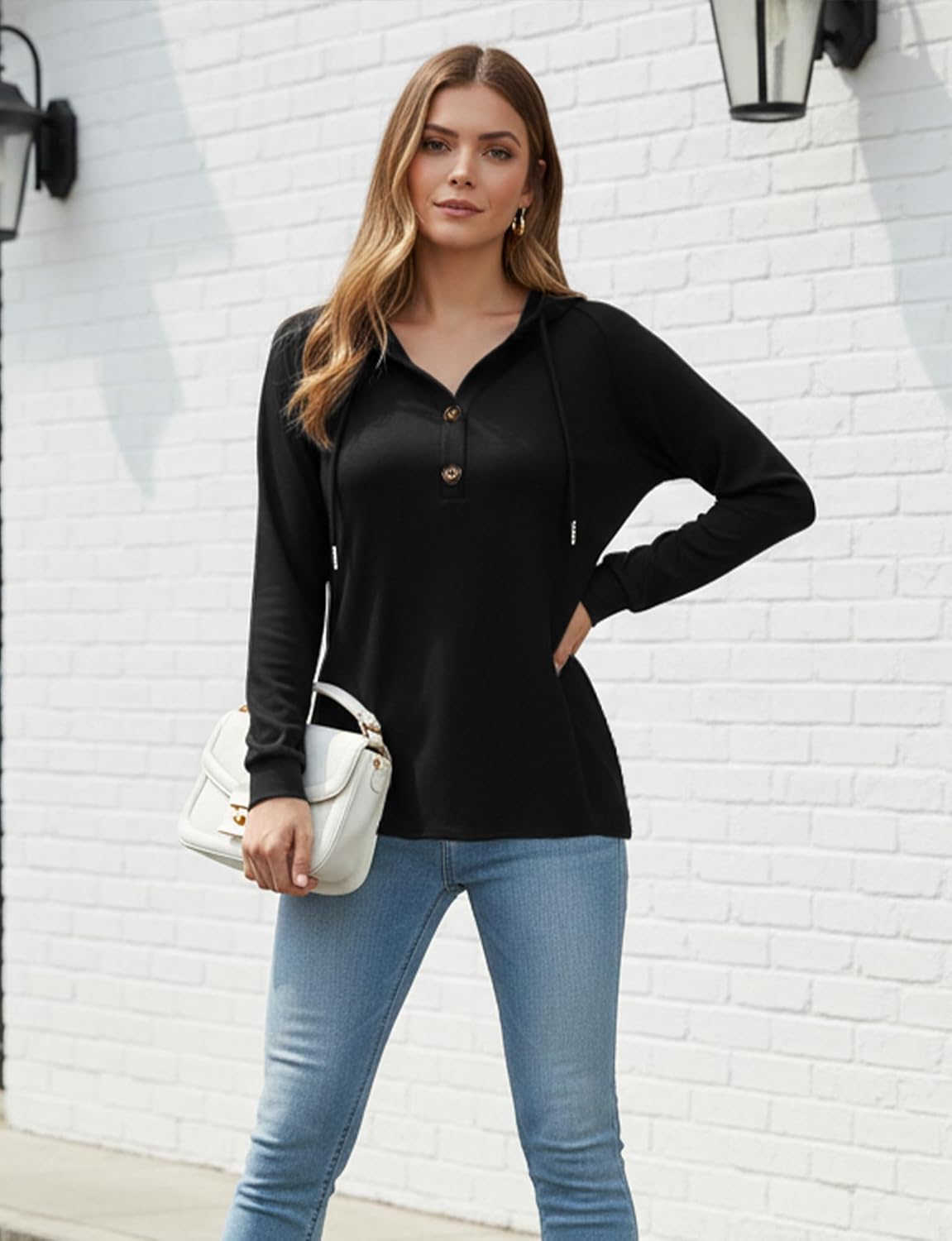 YOGINGO Women's Hoodie for Women Long Sleeve V Neck Button Sweatshirt Lightweight Casual Pullover Tops - Image 6