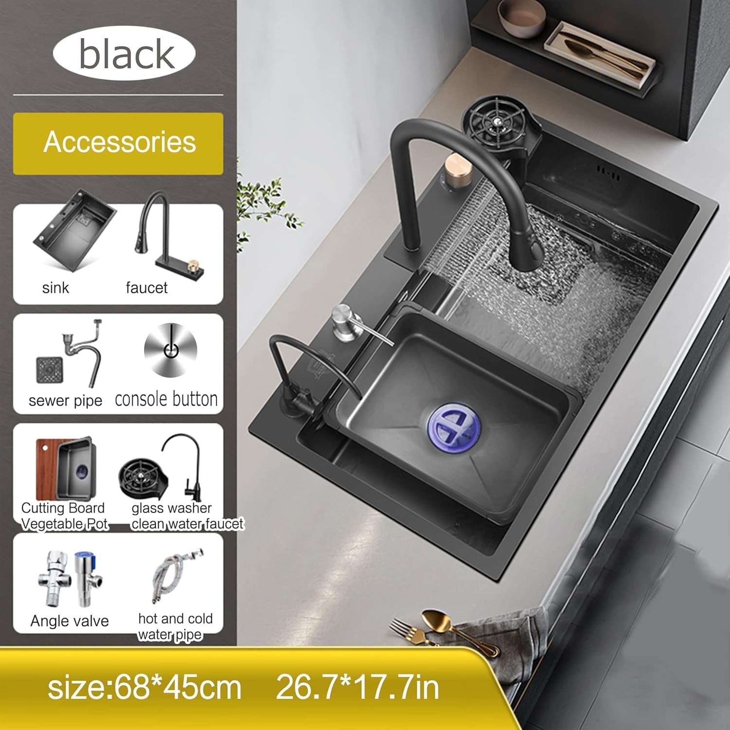 Black Nano Waterfall Sink with Glass Cup Washer for Drop in Work Station Kitchen Sink Farmhouse with Pull-Out Faucet Combo Stainless Steel Single Bowl Bar Utility Sink Undermount, 3 sizes, 5 colors