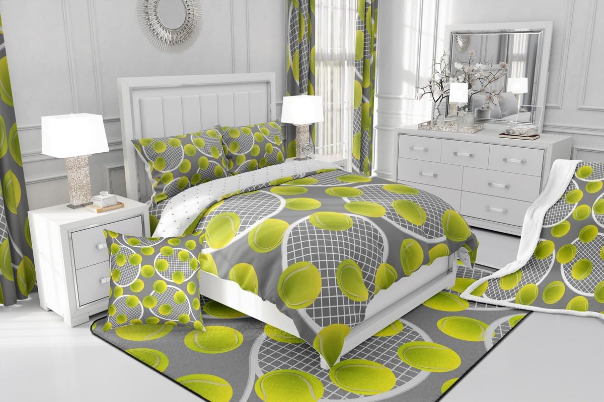 Erosebridal 3D Tennis King Bedspread Set, Kids Racket Ball Soft Coverlet Set & Bedspread for Boys Girls Tennis Lover, Grey Ball Games Sports Bedding Sets for Bed, Player Activity Quilt Bedding Sets