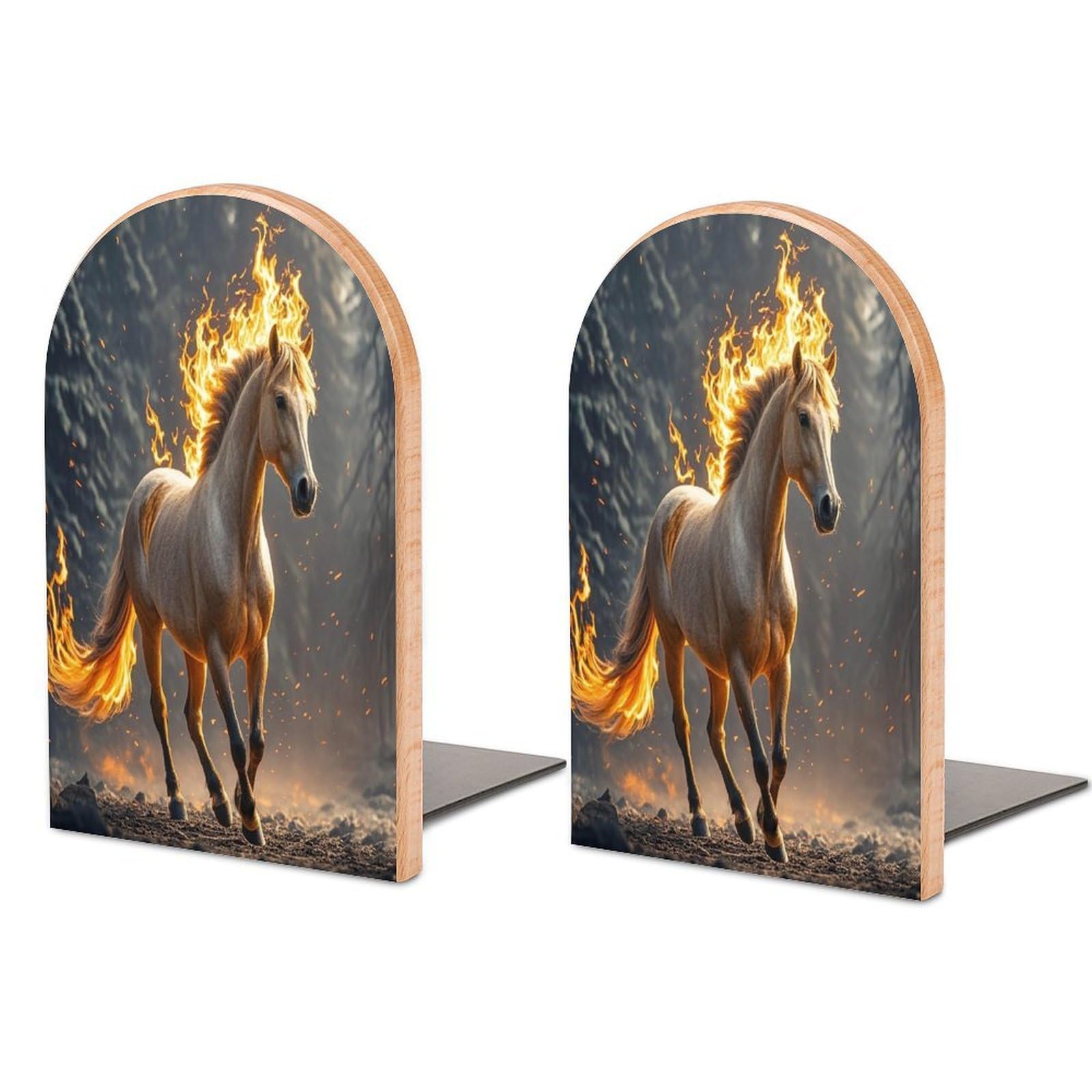 Flame Horse Bookend for Shelves Unique Book End Sturdy Books Holder Heavy Duty Wooden Bookends Support Non-Slip Book Organizers Decorative Modern Bookend Holder for Home