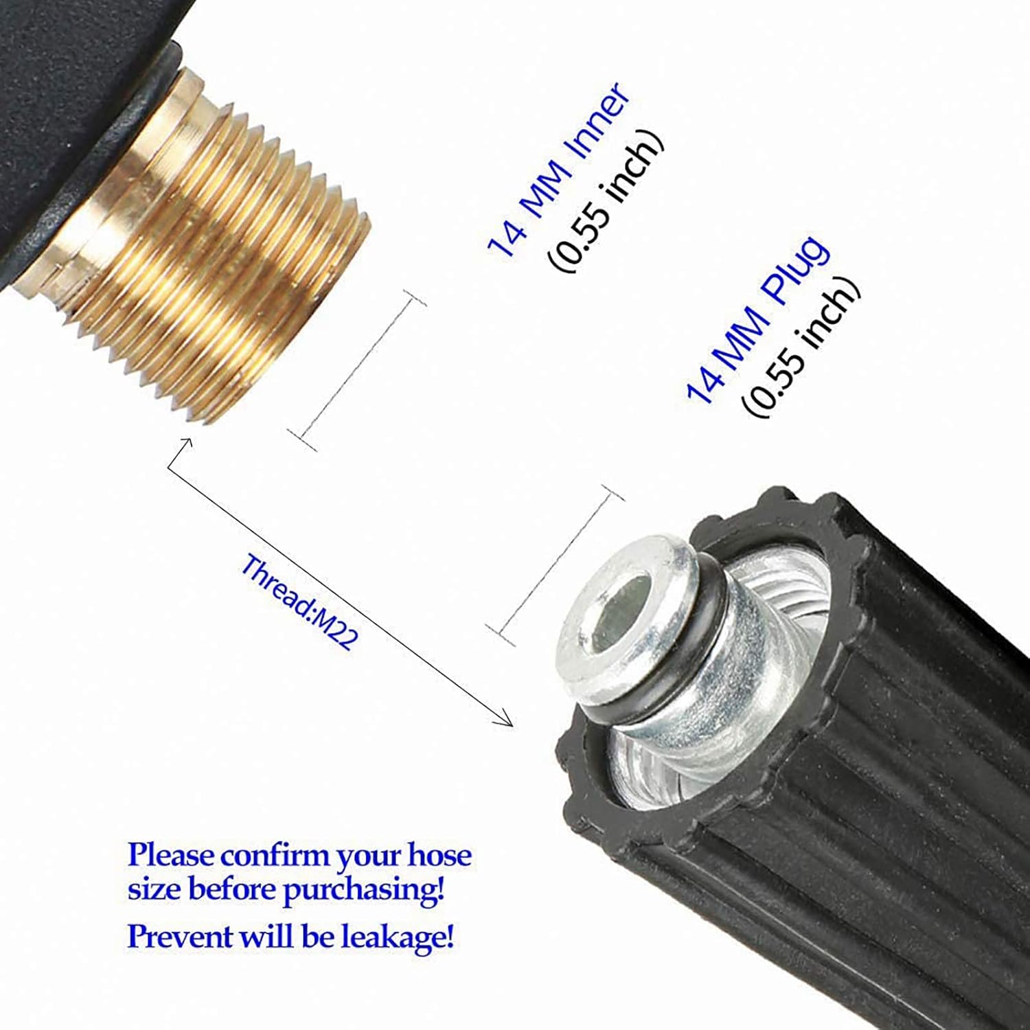 Close-up of M22-14 threaded inlet and 14mm inner diameter measurement