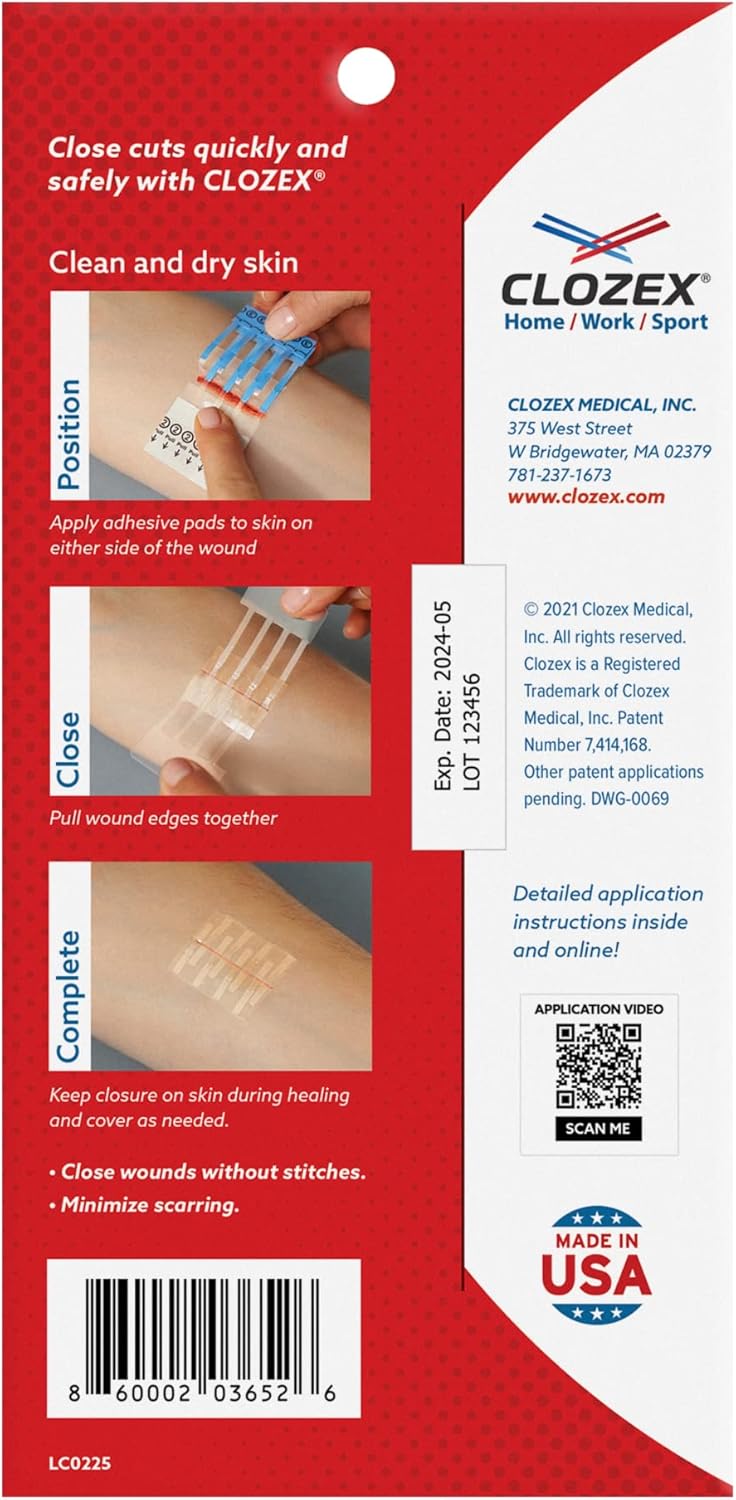 Clozex Emergency Laceration Closures - Repair Wounds Without Stitches. FDA Cleared Skin Closure Device for 3 Individual Wounds Or Combine for Total Length of 4 1/4 Inches. Life Happens, Be Ready! : Health & Household