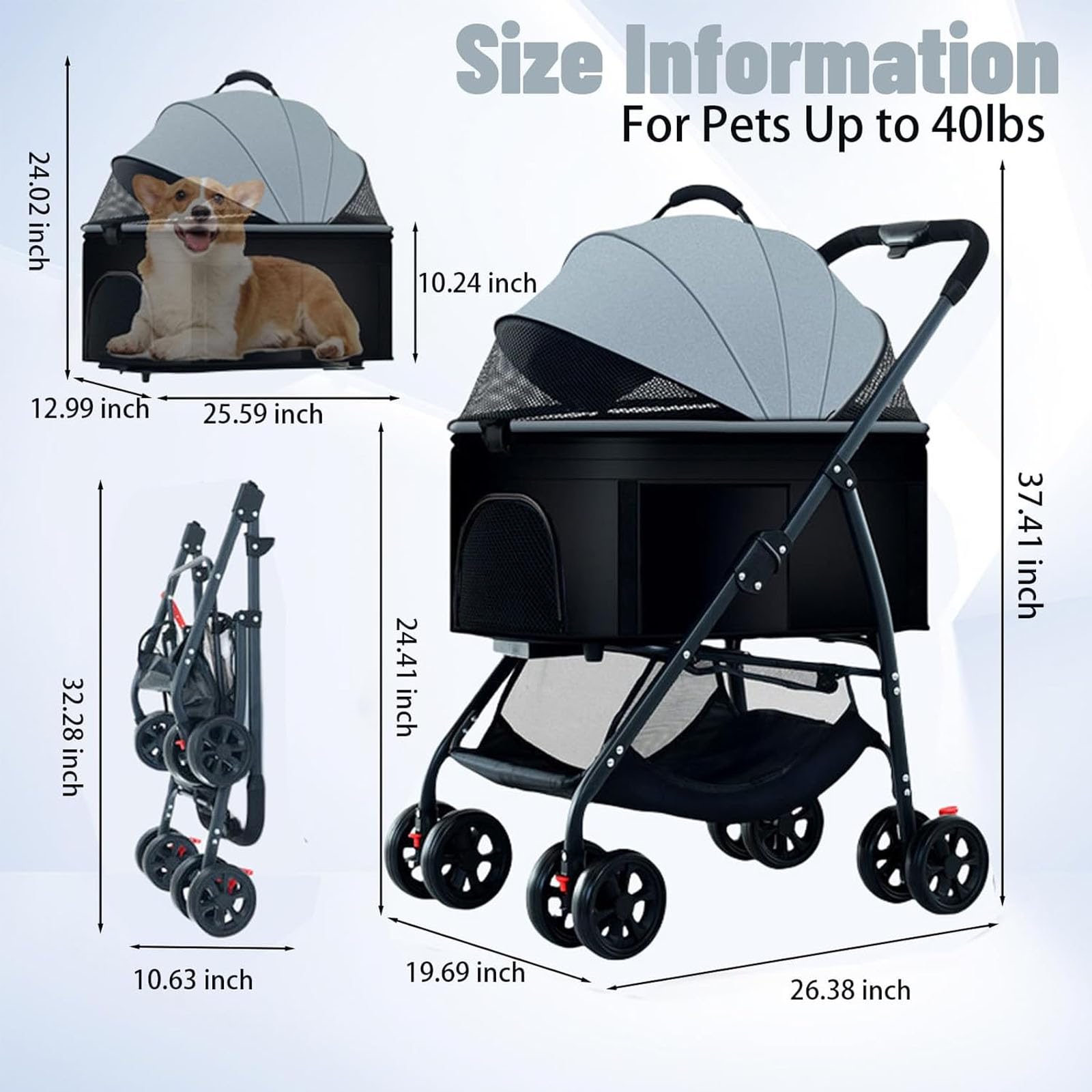 Passeggino per Cani E Gatti 3 in 1, Passeggino Pieghevole Leggero per Cani, Passeggino da Viaggio per Gatti, Trasportino da Viaggio per Cani, Passeggino da Jogging per Animali Domestici,A