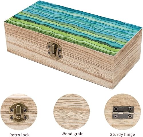 Miniatura 3 de Waves Desk Mat Blue And Green Wooden Storage Box Decorative Trinket Keepsake Box Wood Jewelry Organizer Box for Bedroom Office with Hinged Lid And