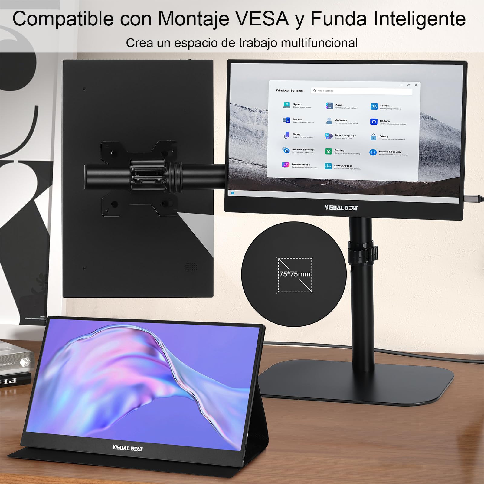 Visual Beat Monitor Portátil 15,6" Full HD 1080P, IPS 100% sRGB, USB-C y HDMI, Funda Soporte, VESA, para Portátil, PC, Mac, PS5, Xbox y Switch