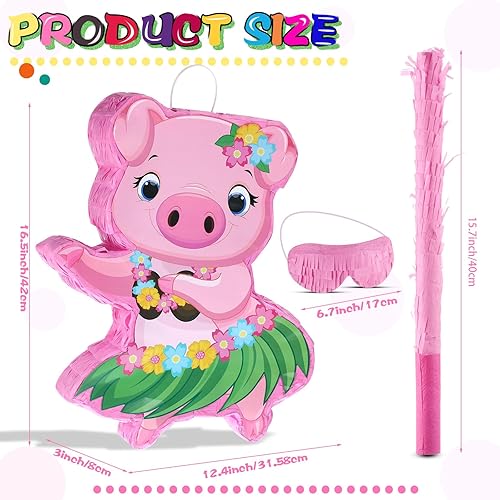 Miniatura 2 de Threan Piñata de cerdo pequeño, Aloha Luau, decoraciones de fiesta, piñata de cerdo rosa con palo para los ojos vendados, suministros de fiesta de