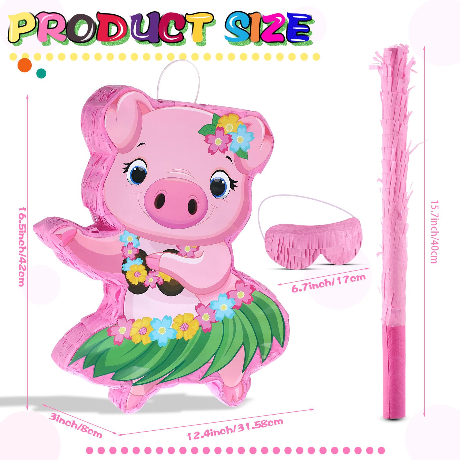 Piñata de cerdo pequeño hawaiano decoración de fiesta rosa cerdo piñata con venda de los ojos confeti para niños verano hawaiano Aloha Temas tropicales Accesorios de fiesta de cumpleaños, 16.5 x 12.4