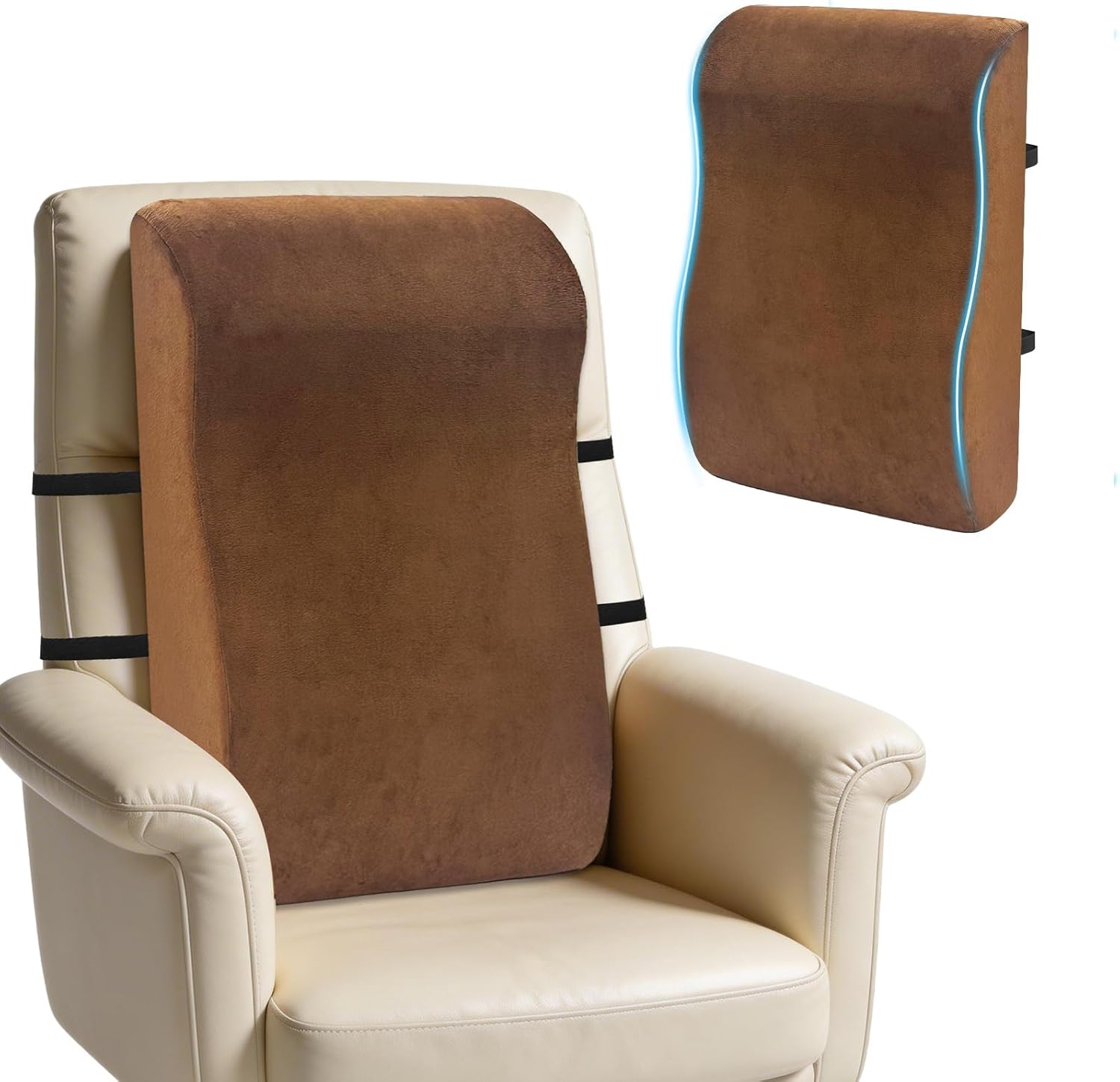 2 in 1 Recliner Neck and Lumbar Support Pillow Ergonomic Memory Foam Cushion with Anti-Slip Backing & Adjustable Straps for Chair, Sofa, or Glider(Brown)