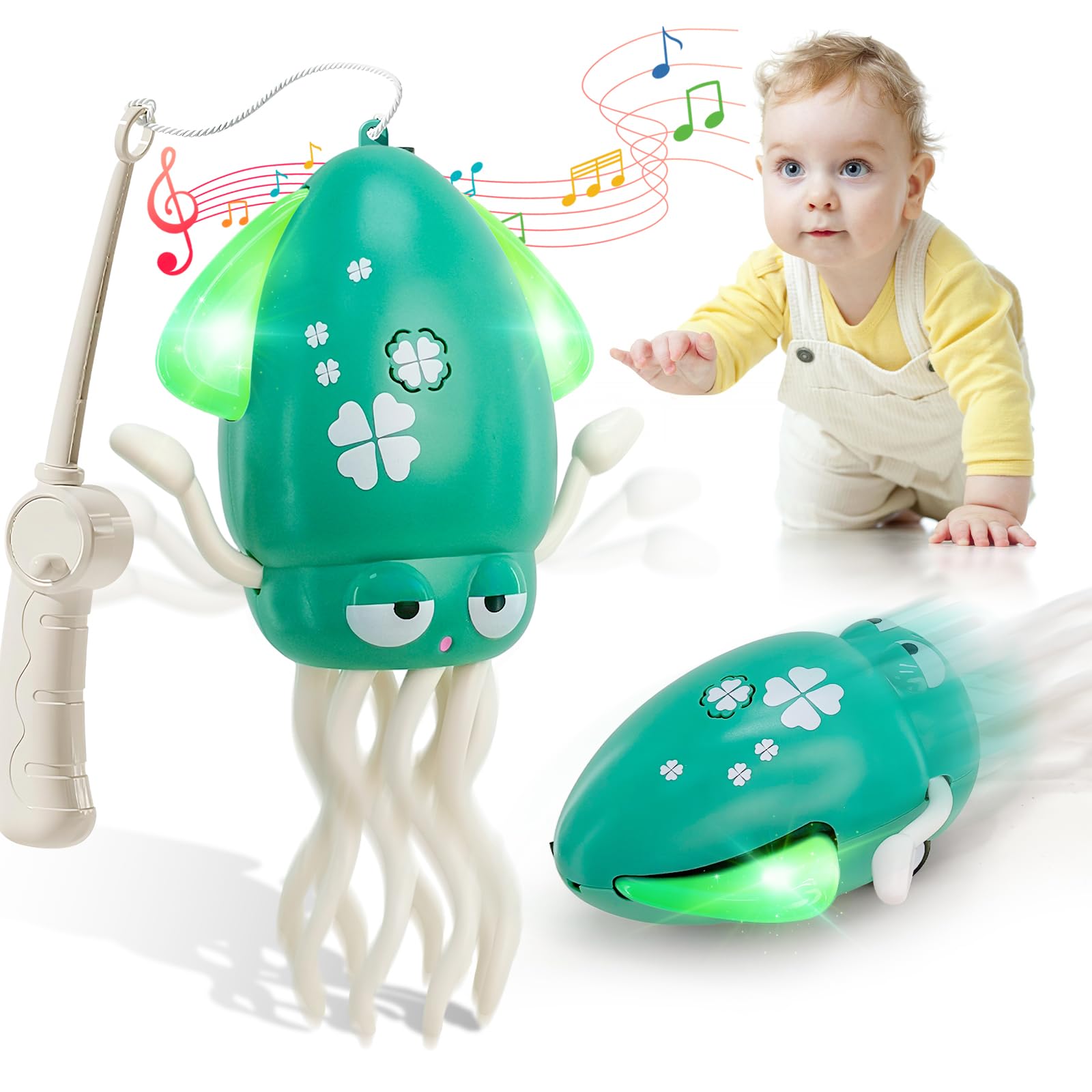Dancing Octopus Toy for Babies, Electric Crawling Squid Toy with Music & Lights, Fishing Rod & Avoidance Sensor, Tummy Time Toys Baby Toys for 1 2 3 Years Old, Green