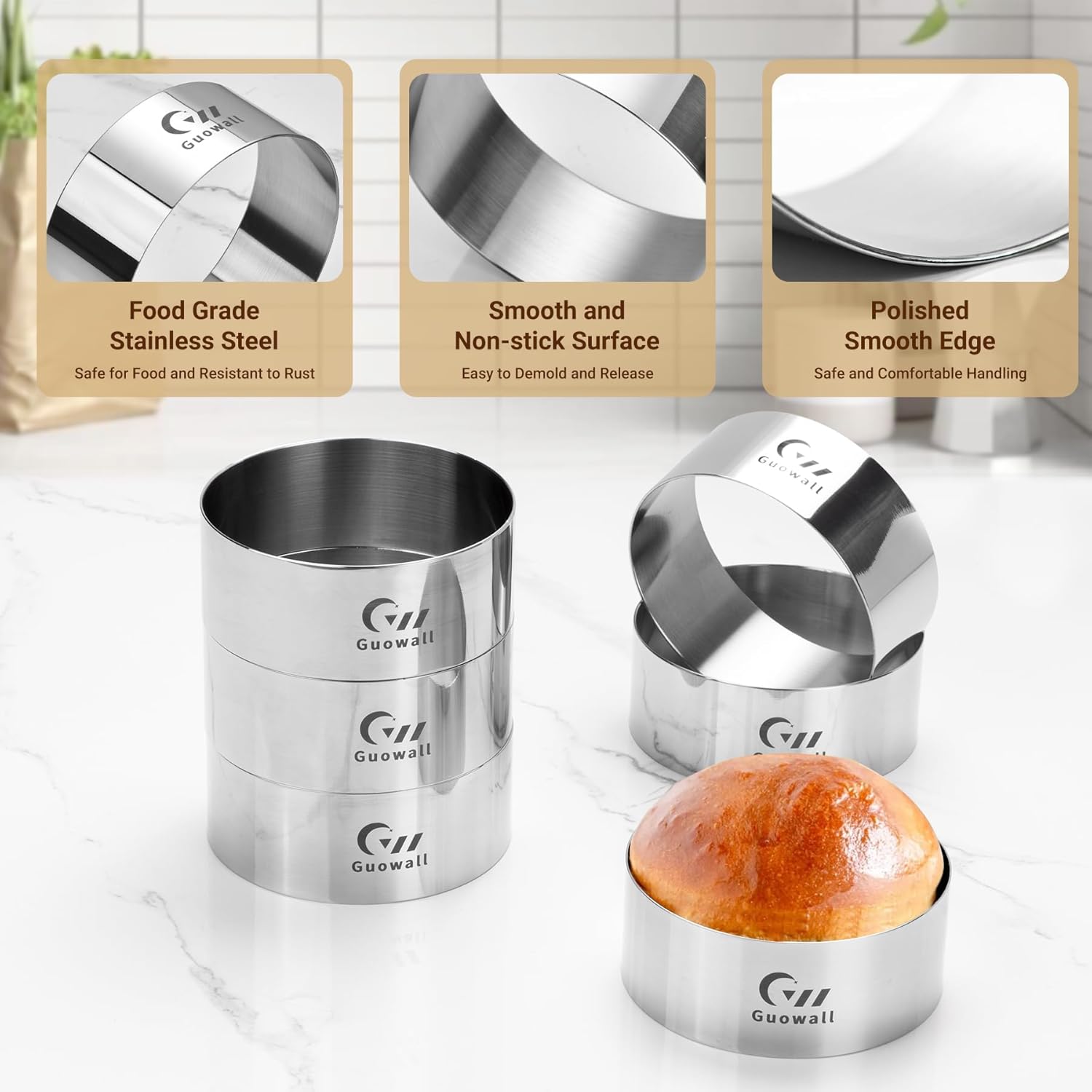 Guowall ハンバーガーバンリング 4インチ 料理用リング型 6個セット ノンスティックステンレススチールバーガー型 目玉焼き/