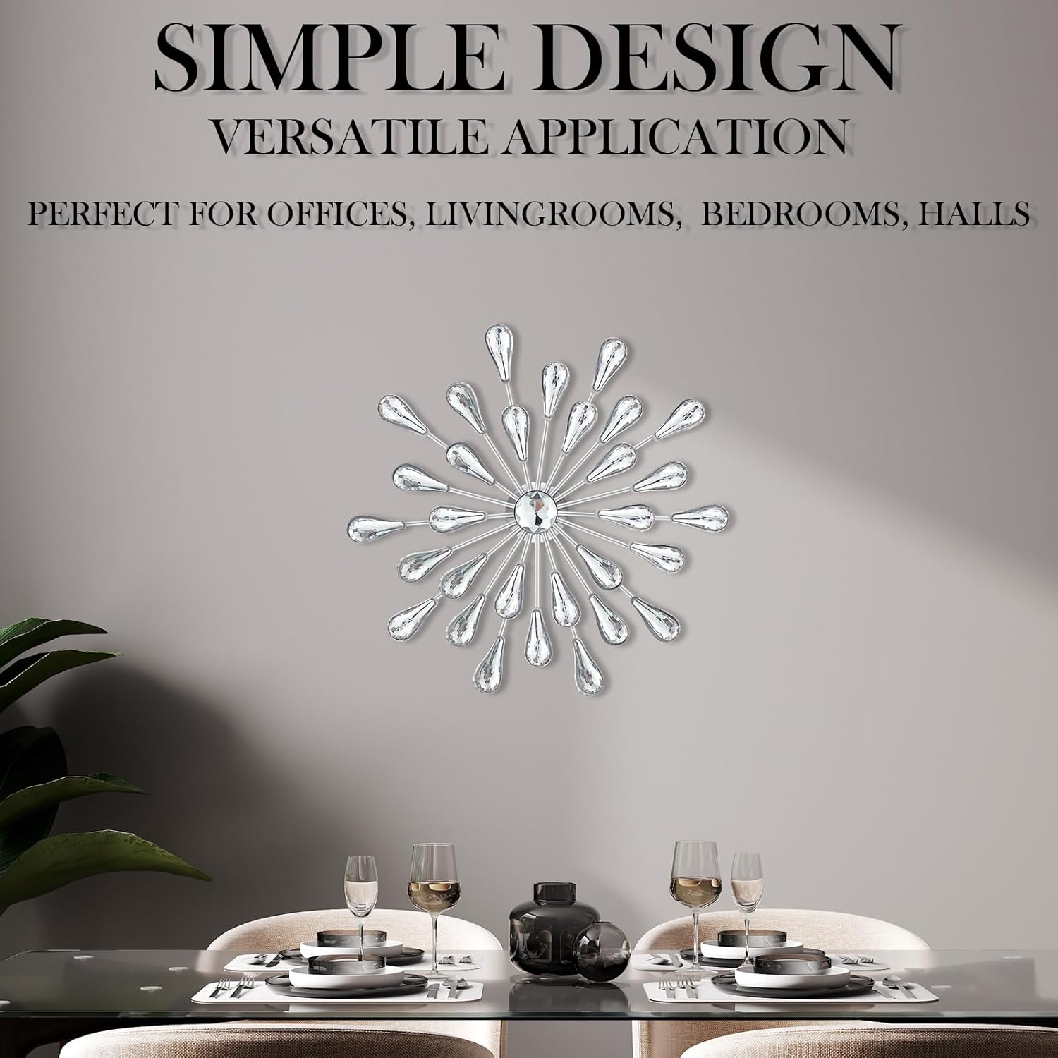 Barydat 6 Pcs Silver Starburst Wall Decor Bling Shiny Sunburst Wall Art Metal Jeweled Crystal Rhinestones Waterdrop Decor Diamond Hanging Modern Accents for Home Living Room Entryway Bedroom, 7 Inch