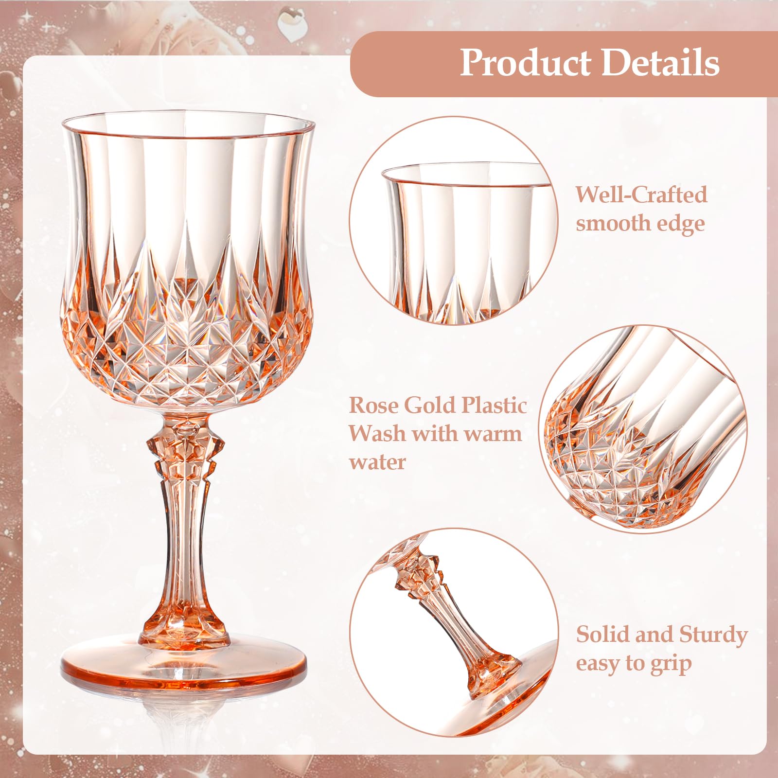 XUWAIDSGN Copas de vino de plástico vintage de 7 onzas, vasos irrompibles para boda, copas de agua de cristal, reutilizables, copas de champán vintage (48, rosa)