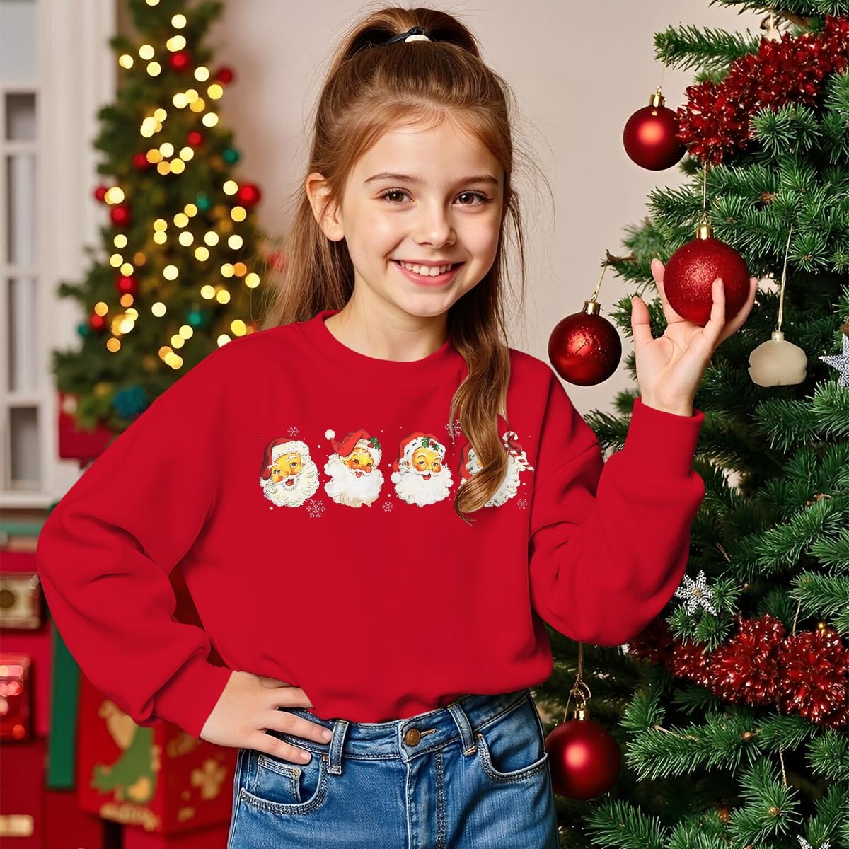 Christmas Sweatshirt for Girls Boys Xmas Santa Claus Graphic Pullover Kids Crewneck Long Sleeve Winter Holiday Outfit - Image 2