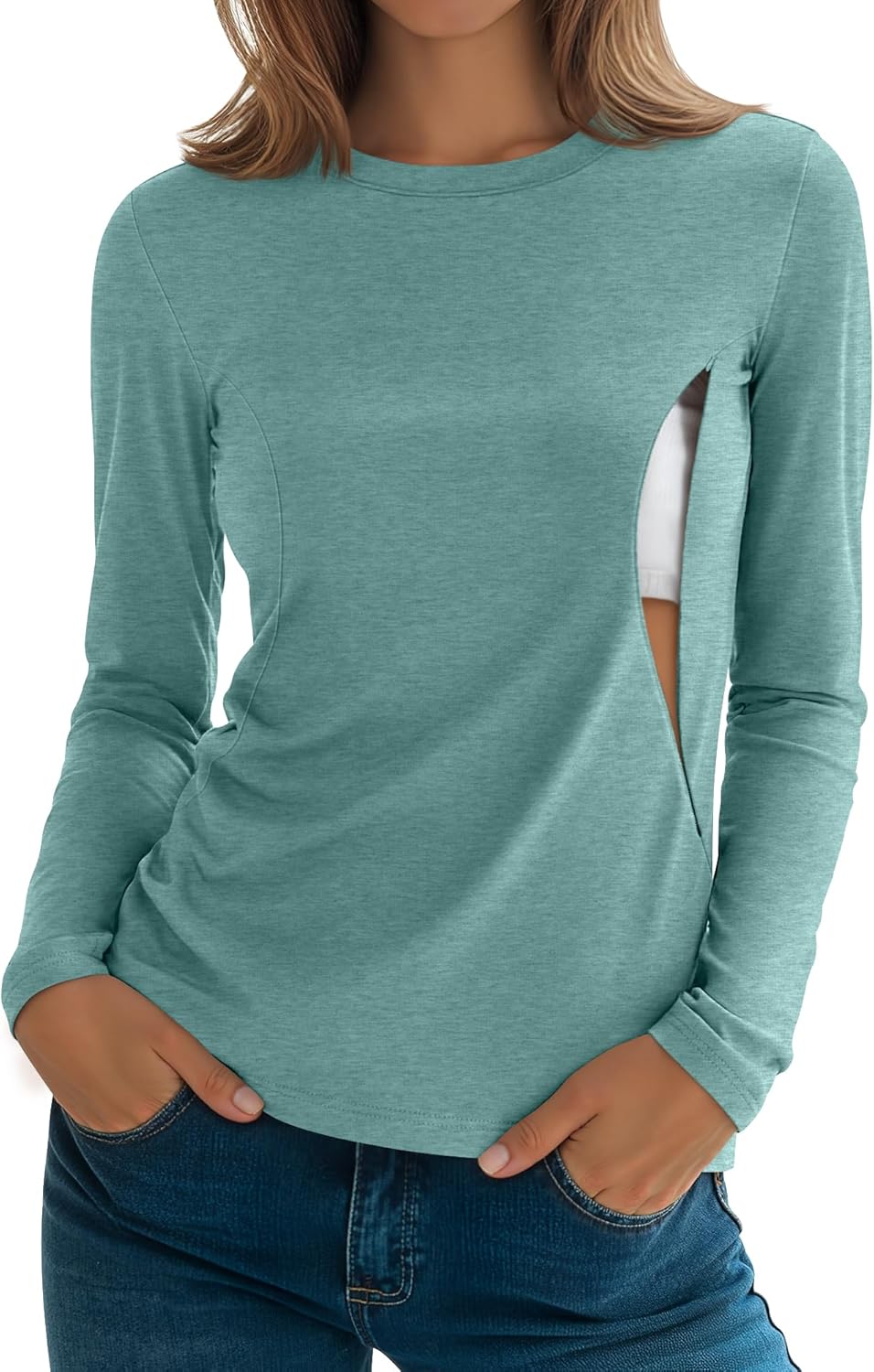 Women's Maternity Nursing Shirt, Cotton Knit Long Sleeve Breastfeeding Top with Hidden Zipper Pregnancy Clothes